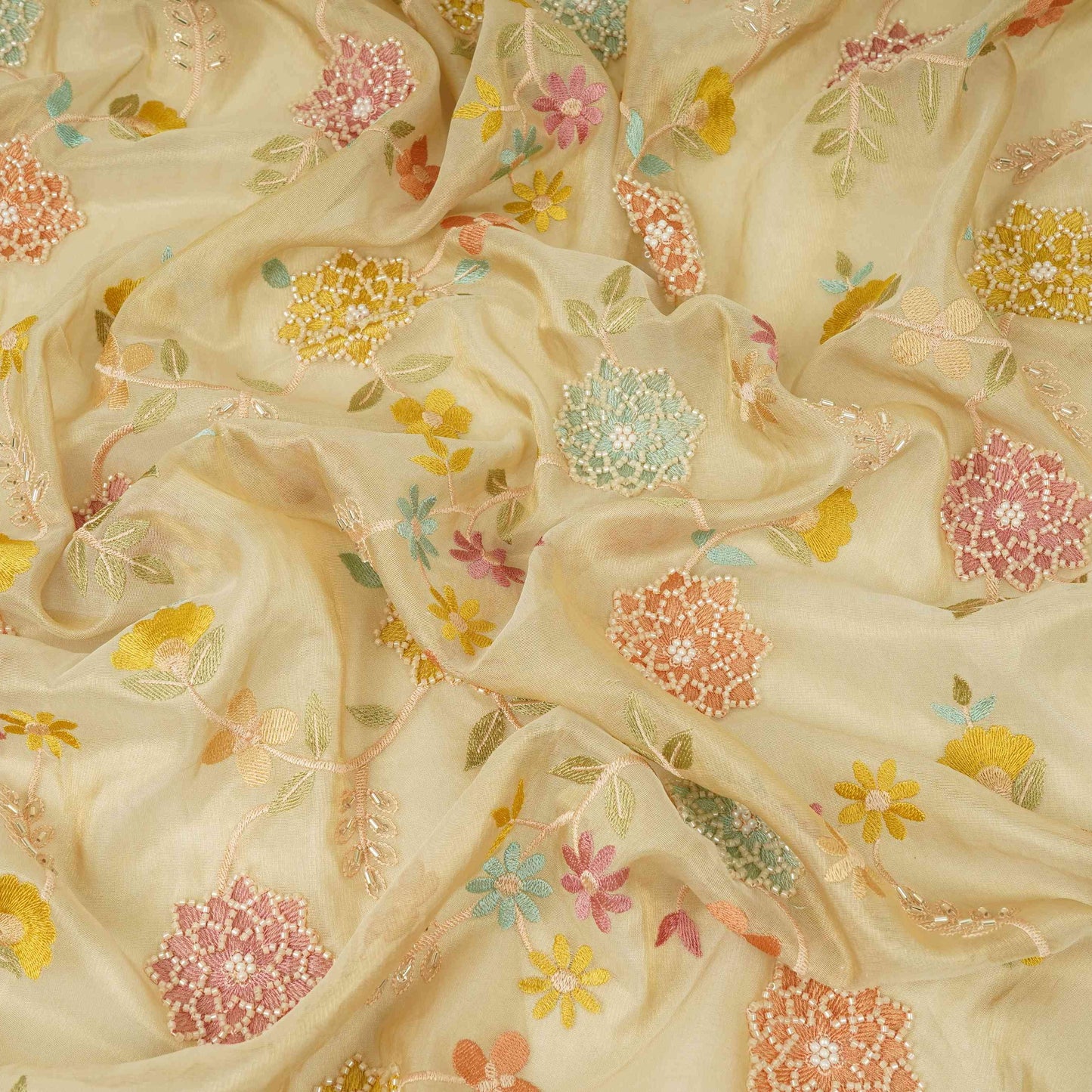 Golden Multicolor floral Jaal with Bead embroidery Kanjivaram Silk Fabric TFS-31785
