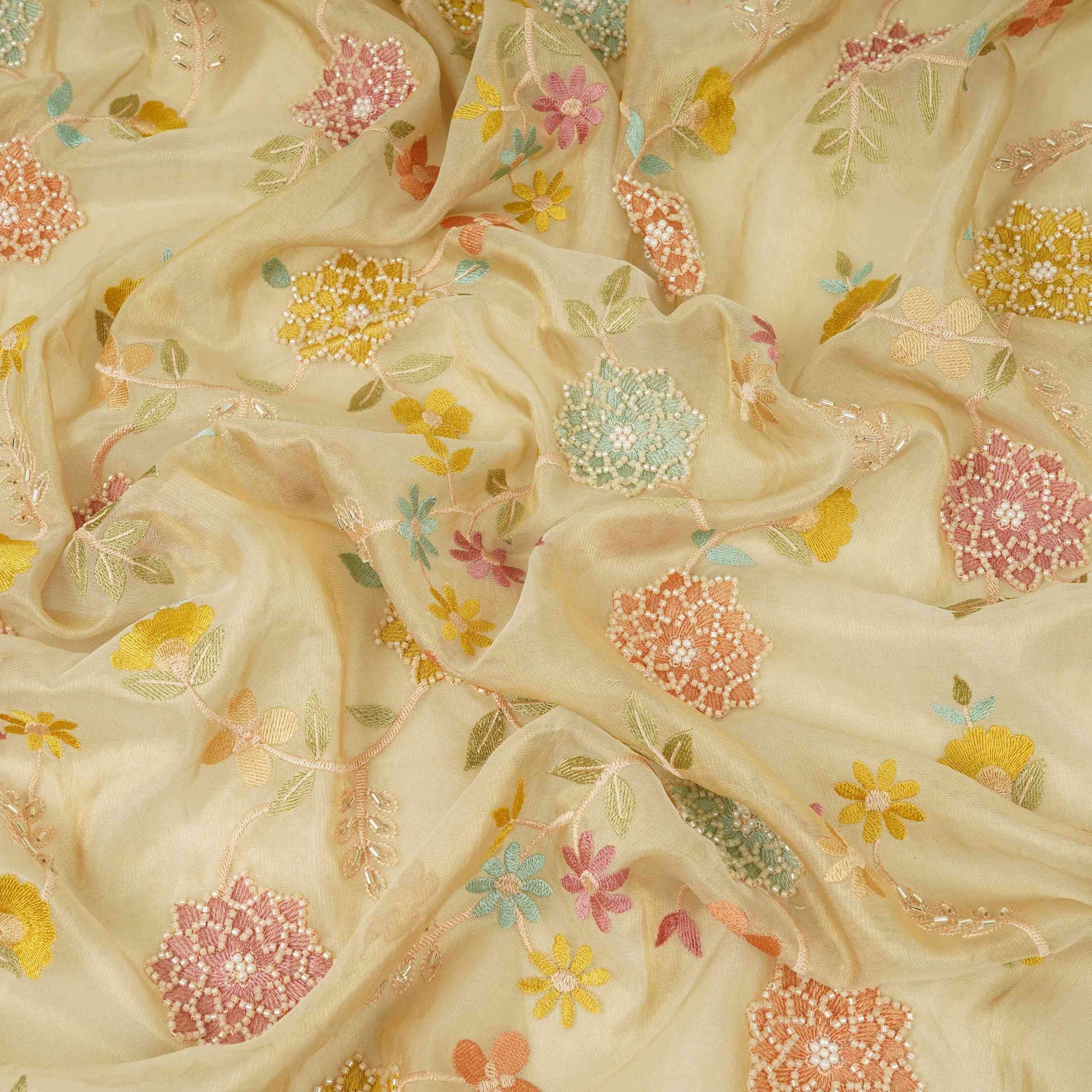 Golden Multicolor floral Jaal with Bead embroidery Kanjivaram Silk Fabric TFS-31785 - TradeUNO