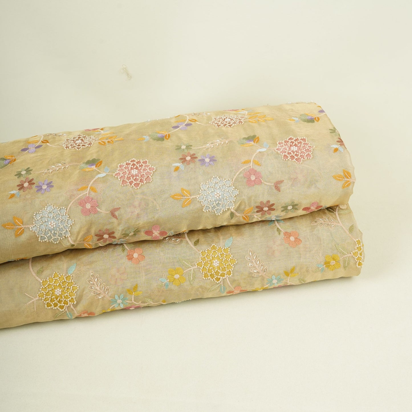 Golden Multicolor floral Jaal with Bead embroidery Kanjivaram Silk Fabric TFS-31785