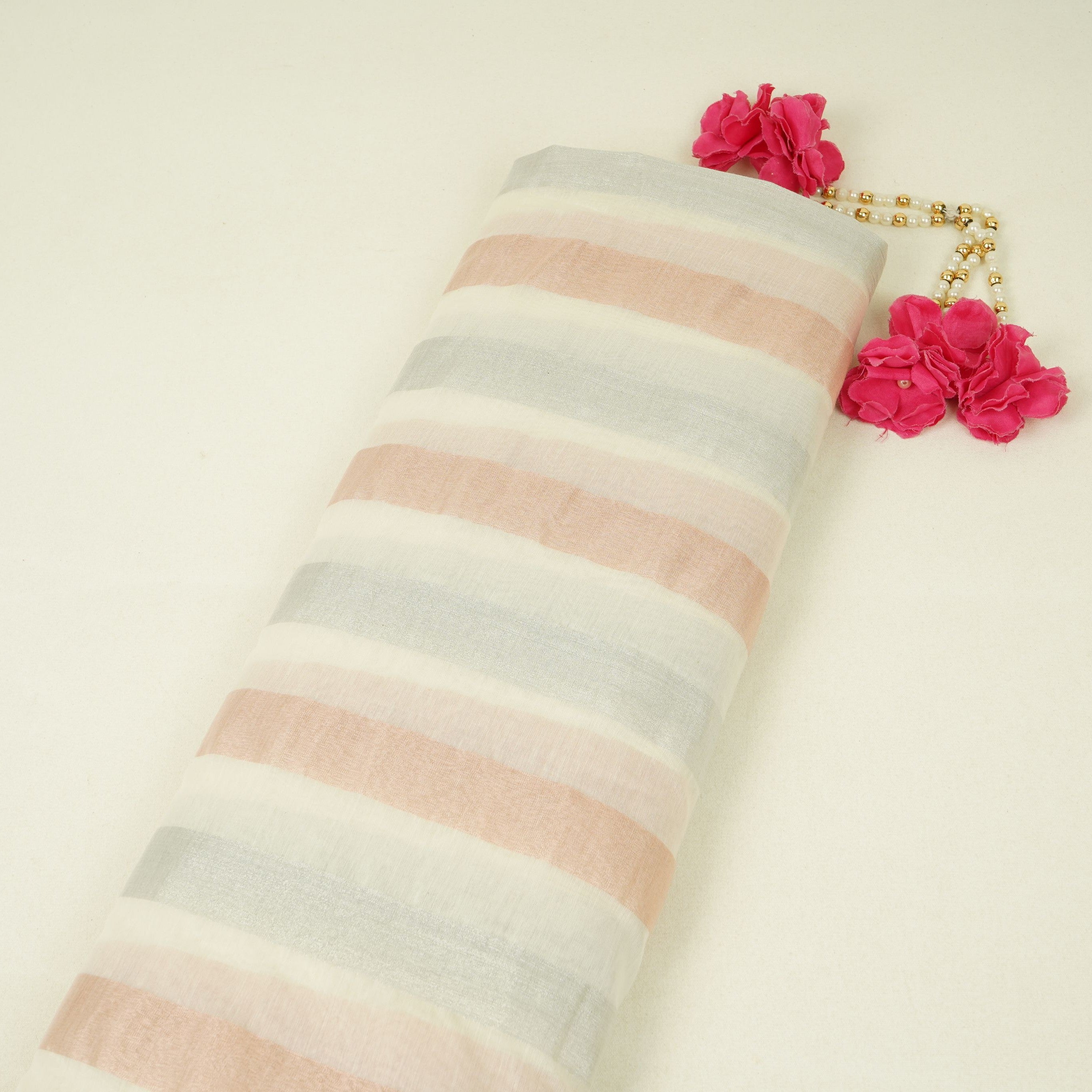 Off White with Multicolor stripes Chanderi Fabric CTF-31382 - TradeUNO