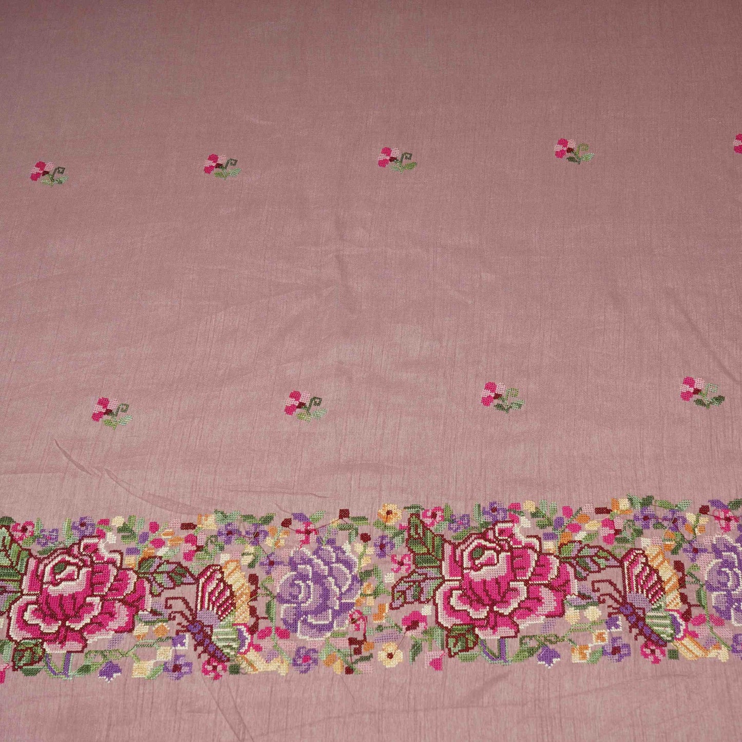 Dusty Mauve Parsi Gara embroidery Raw Silk Fabric VFS-31517