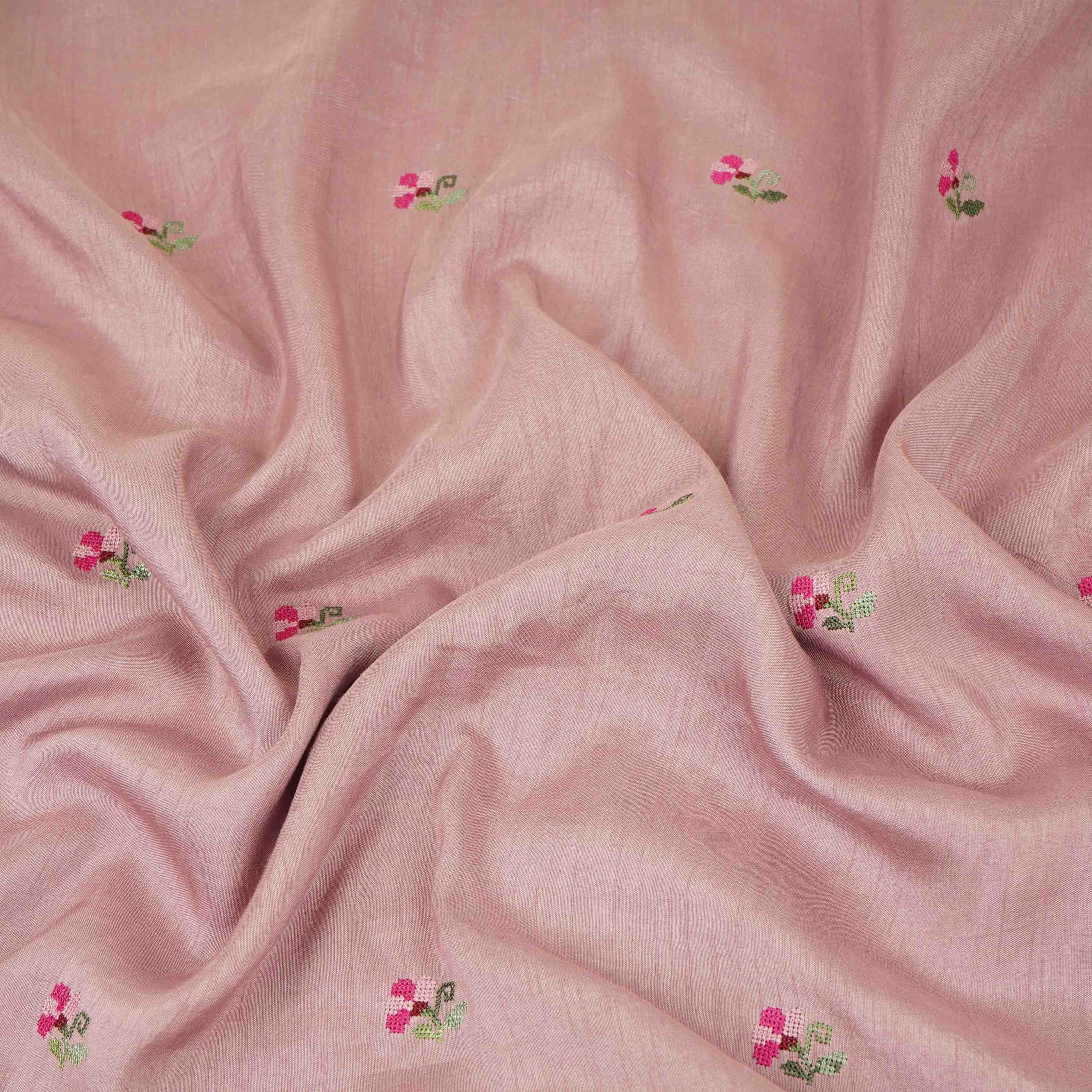 Dusty Mauve Parsi Gara embroidery Raw Silk Fabric VFS-31517 - TradeUNO
