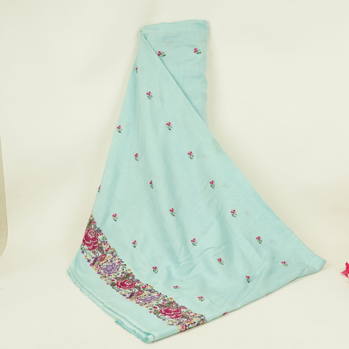 Sky Blue Parsi Gara embroidery Raw Silk Fabric VFS-31518
