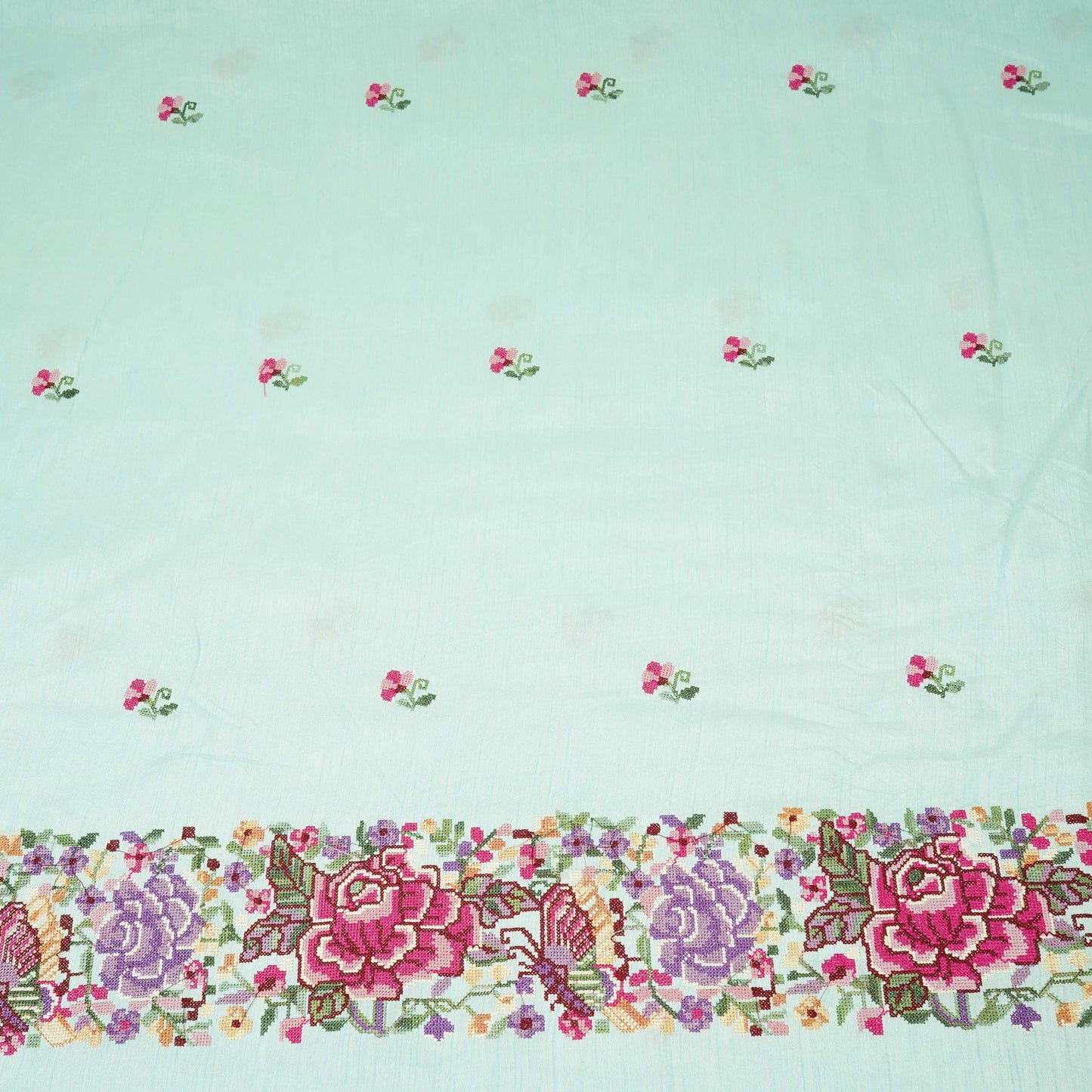 Sky Blue Parsi Gara embroidery Raw Silk Fabric VFS-31518