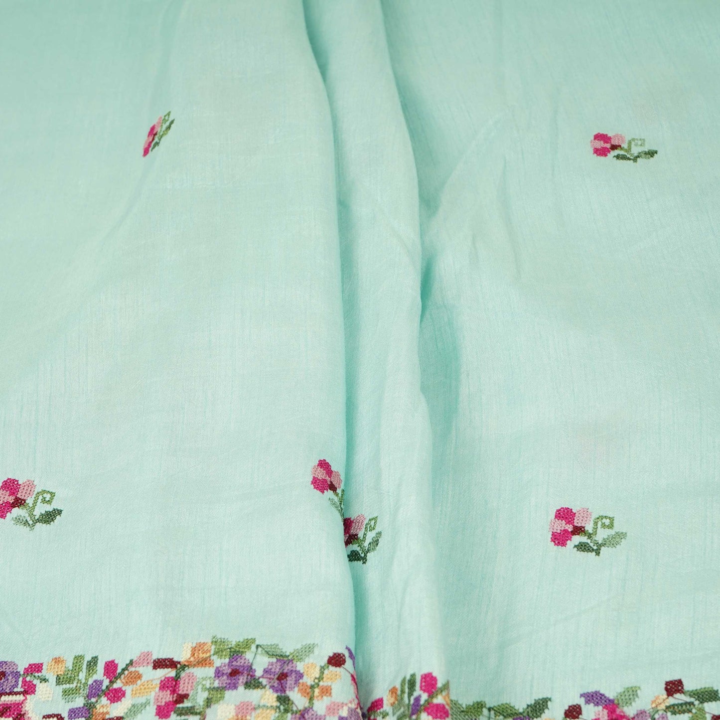 Sky Blue Parsi Gara embroidery Raw Silk Fabric VFS-31518