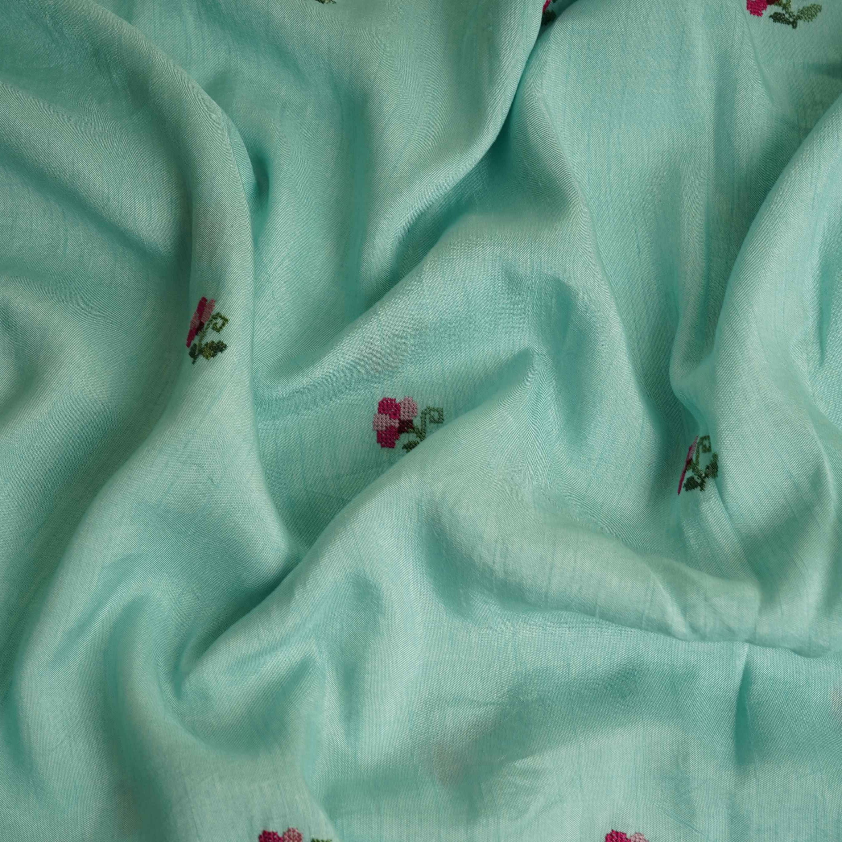 Sky Blue Parsi Gara embroidery Raw Silk Fabric VFS-31518 - TradeUNO