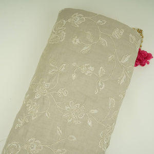 Light Grey floral embroidery Pure Linen Fabric GPF-32065 - TradeUNO