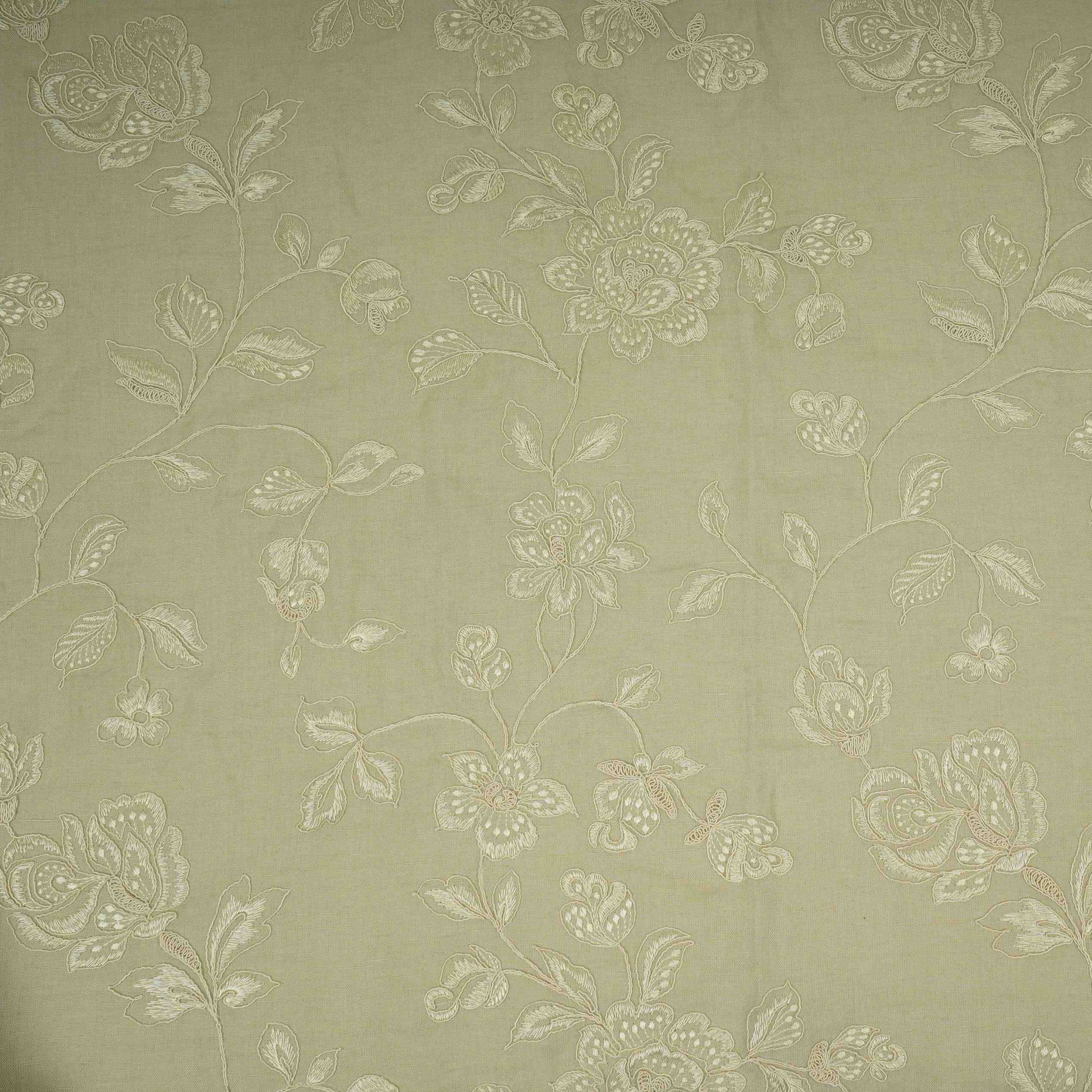Light Grey floral embroidery Pure Linen Fabric GPF-32065 - TradeUNO