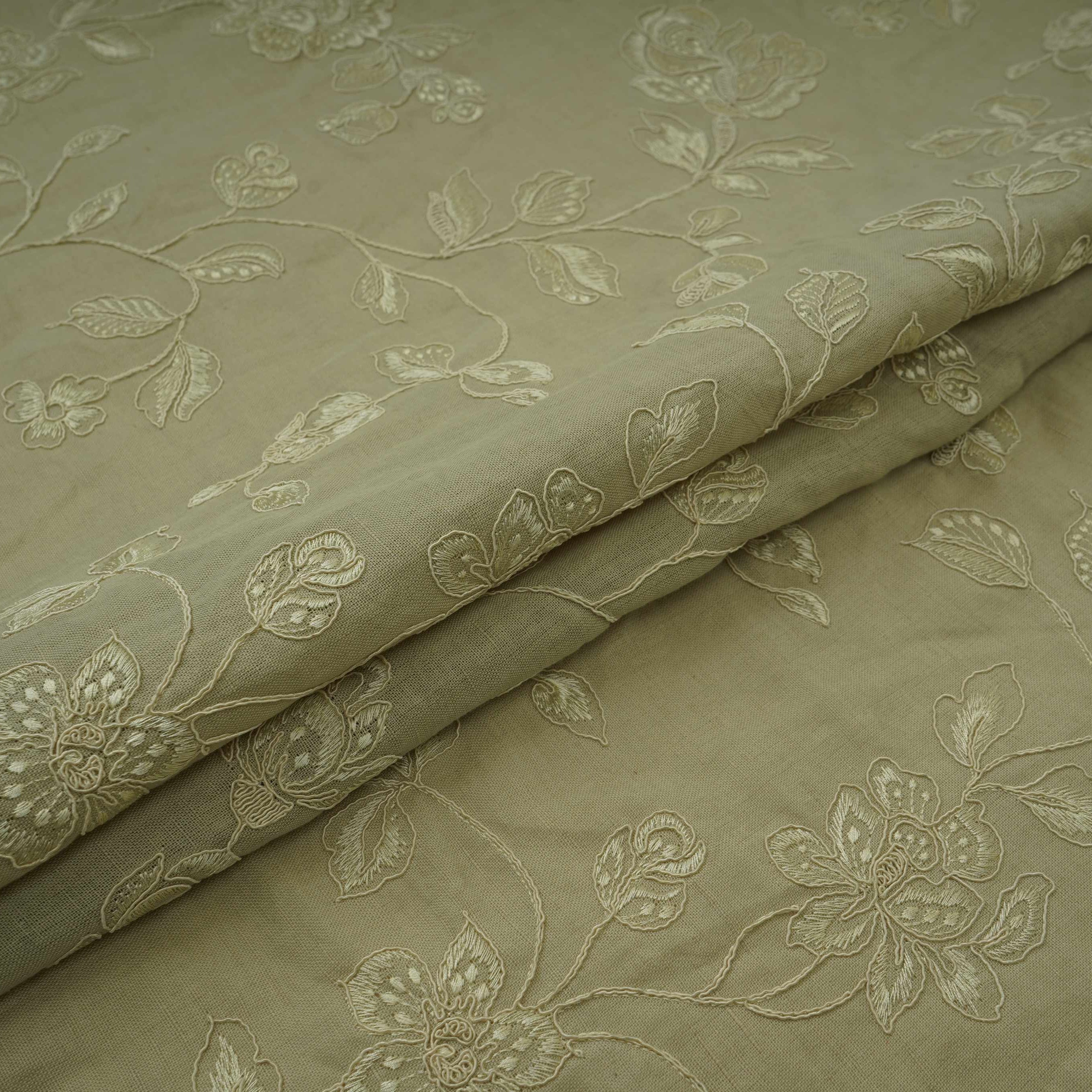 Light Grey floral embroidery Pure Linen Fabric GPF-32065 - TradeUNO