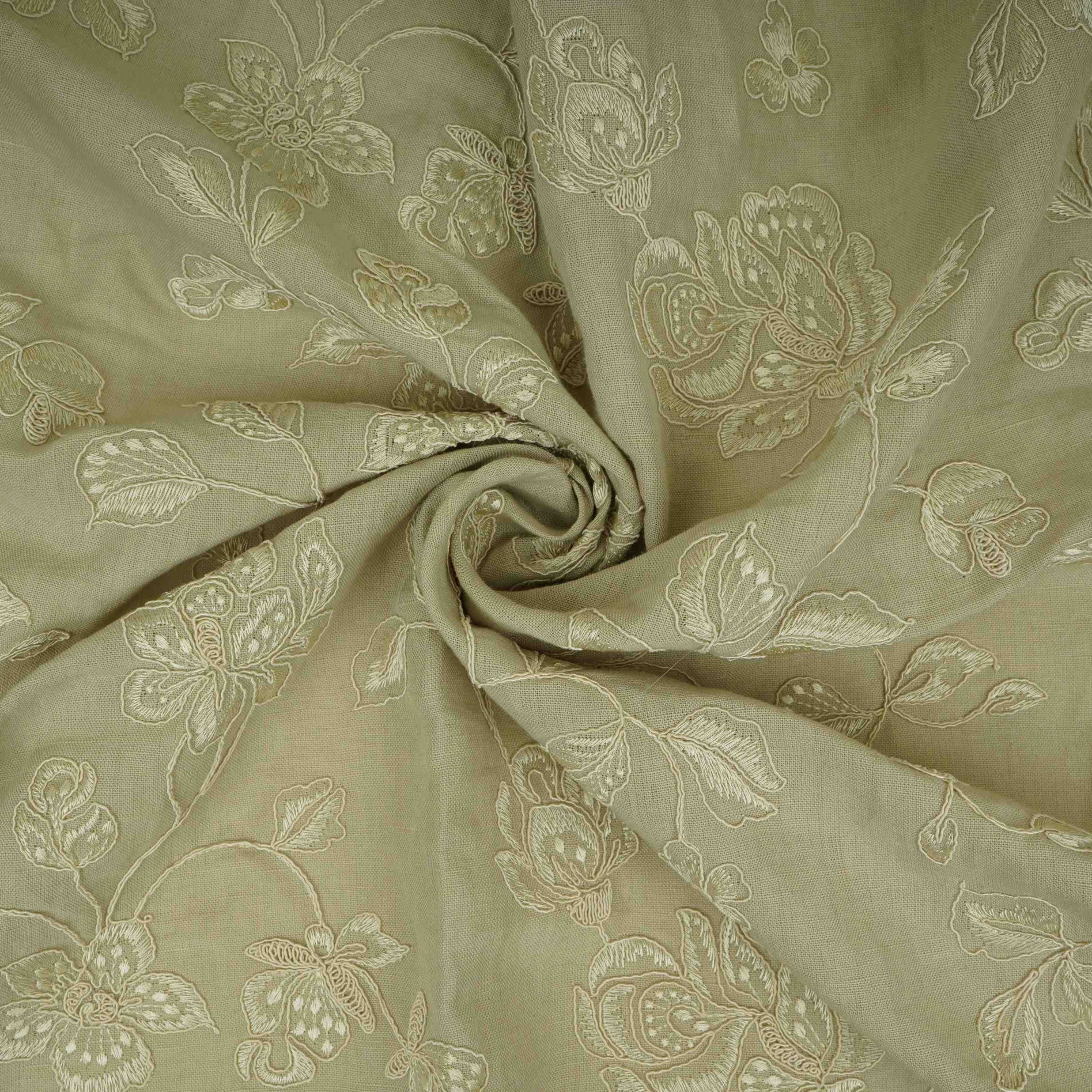 Light Grey floral embroidery Pure Linen Fabric GPF-32065 - TradeUNO