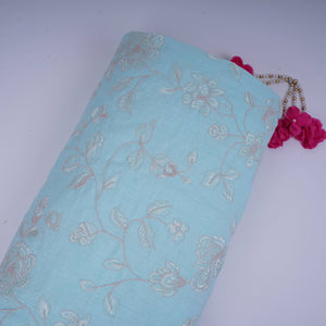 Sky Blue floral embroidery Pure Linen Fabric GPF-32066 - TradeUNO