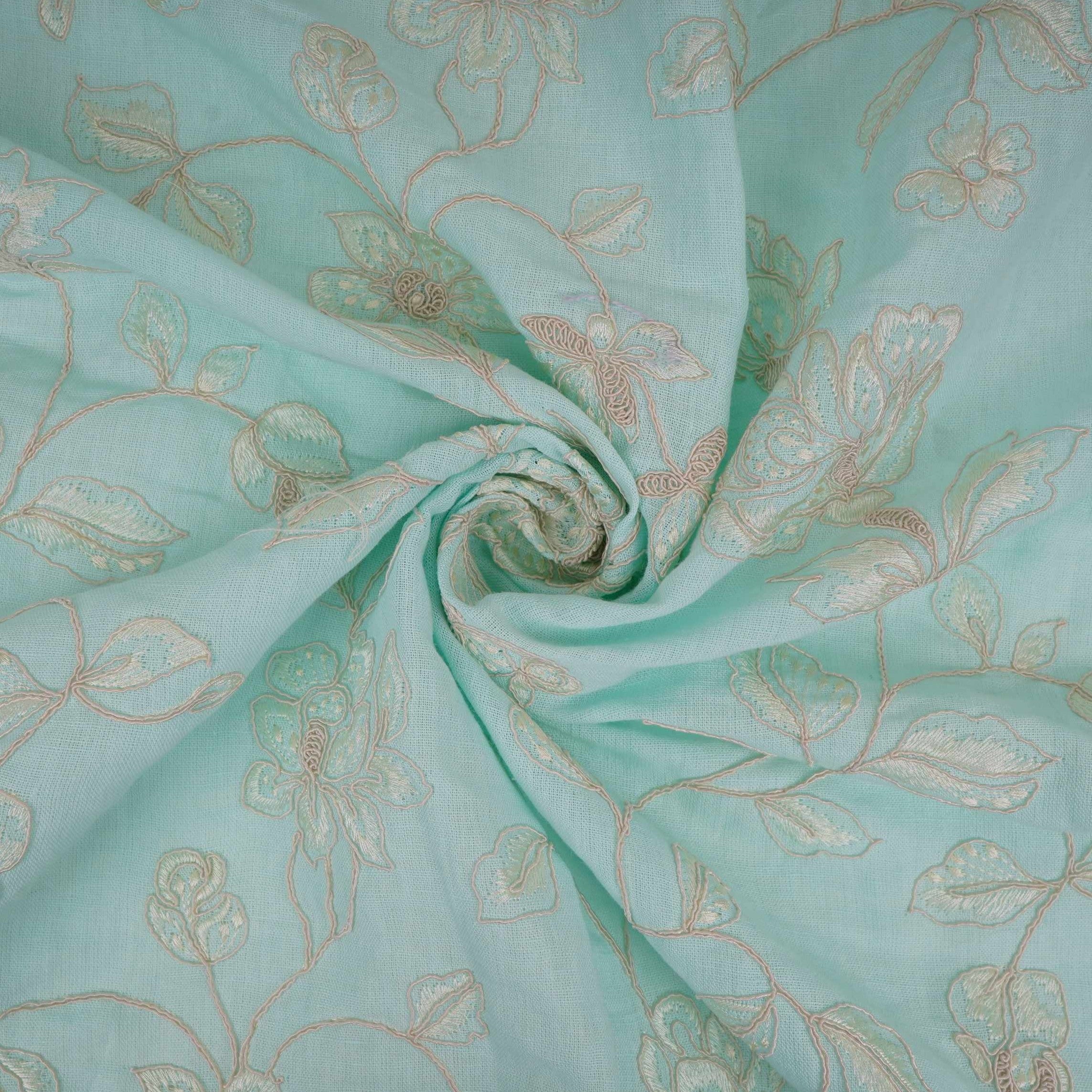 Sky Blue floral embroidery Pure Linen Fabric GPF-32066 - TradeUNO