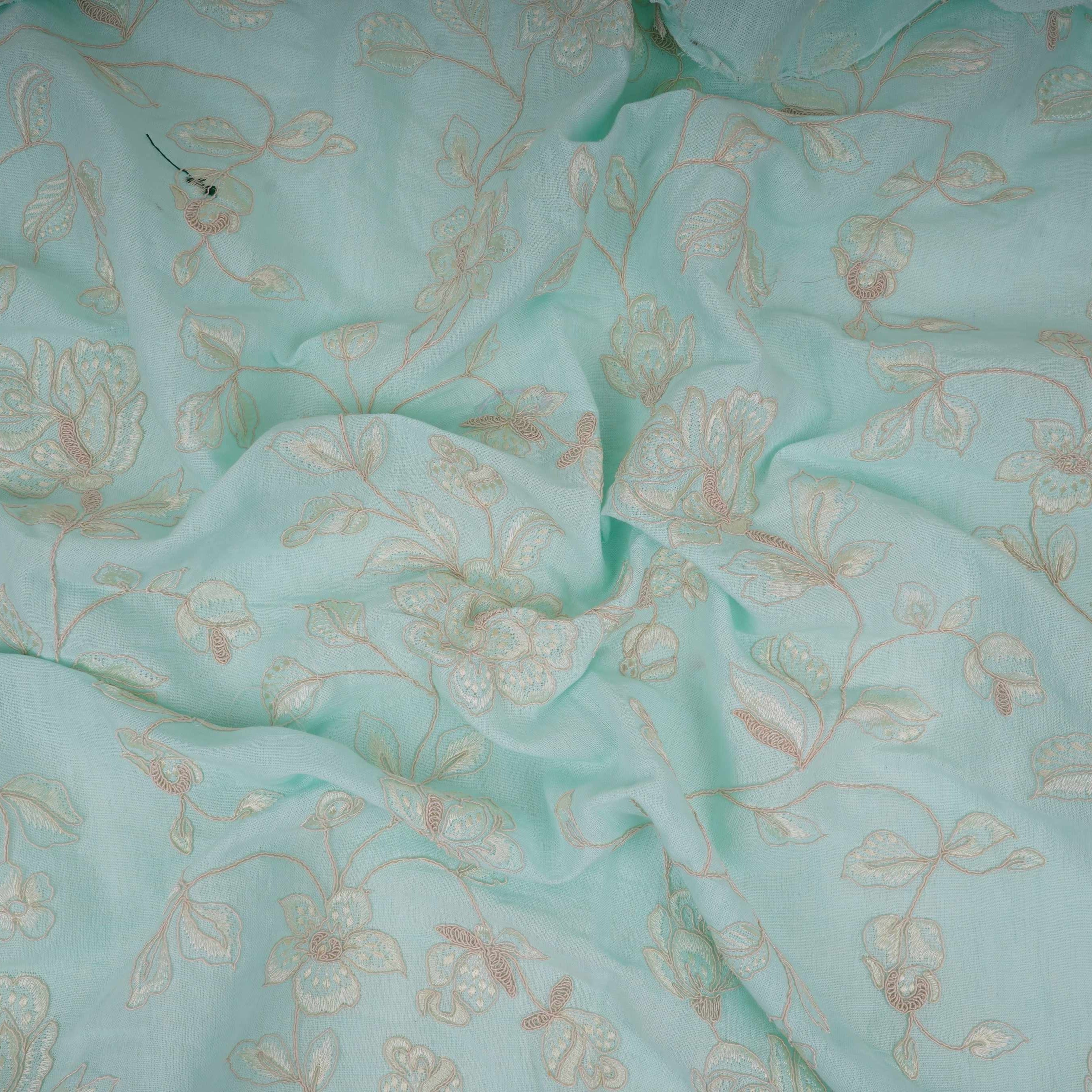 Sky Blue floral embroidery Pure Linen Fabric GPF-32066 - TradeUNO