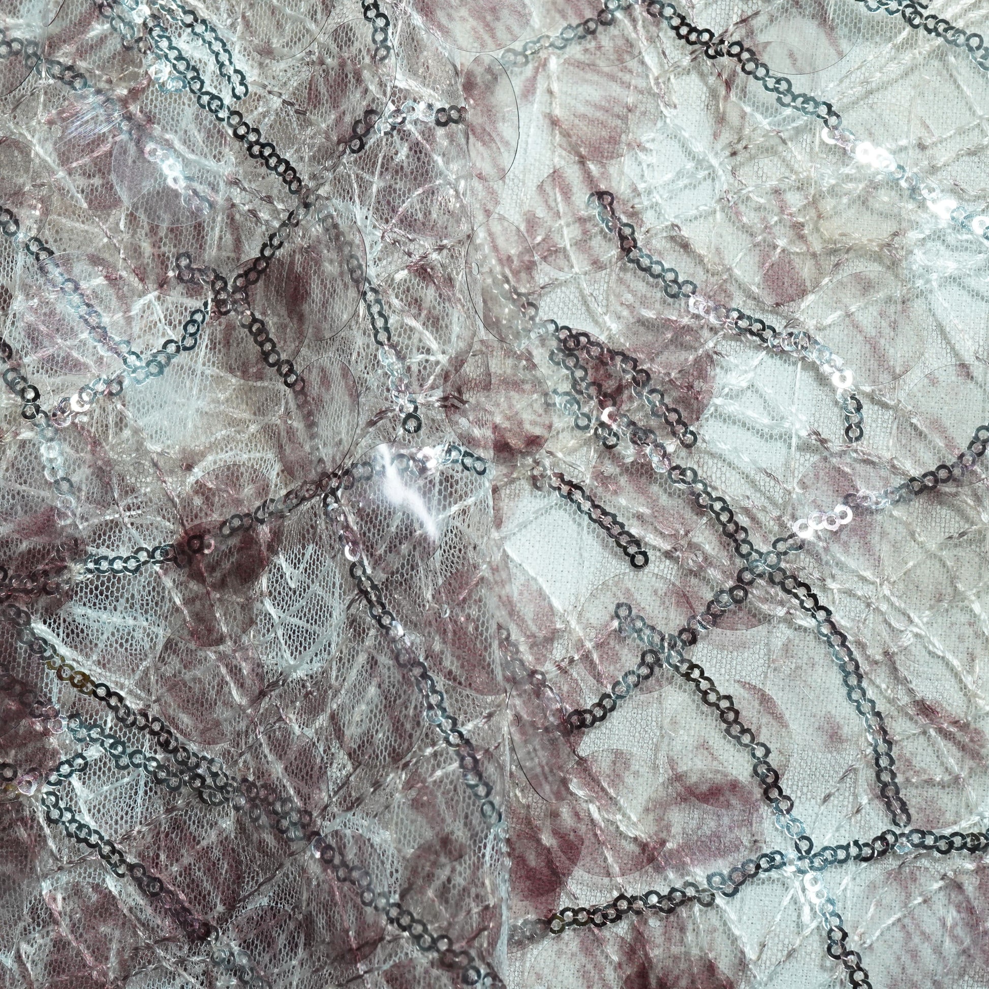 Peach Pink Sequins Embroidery Net Fabric