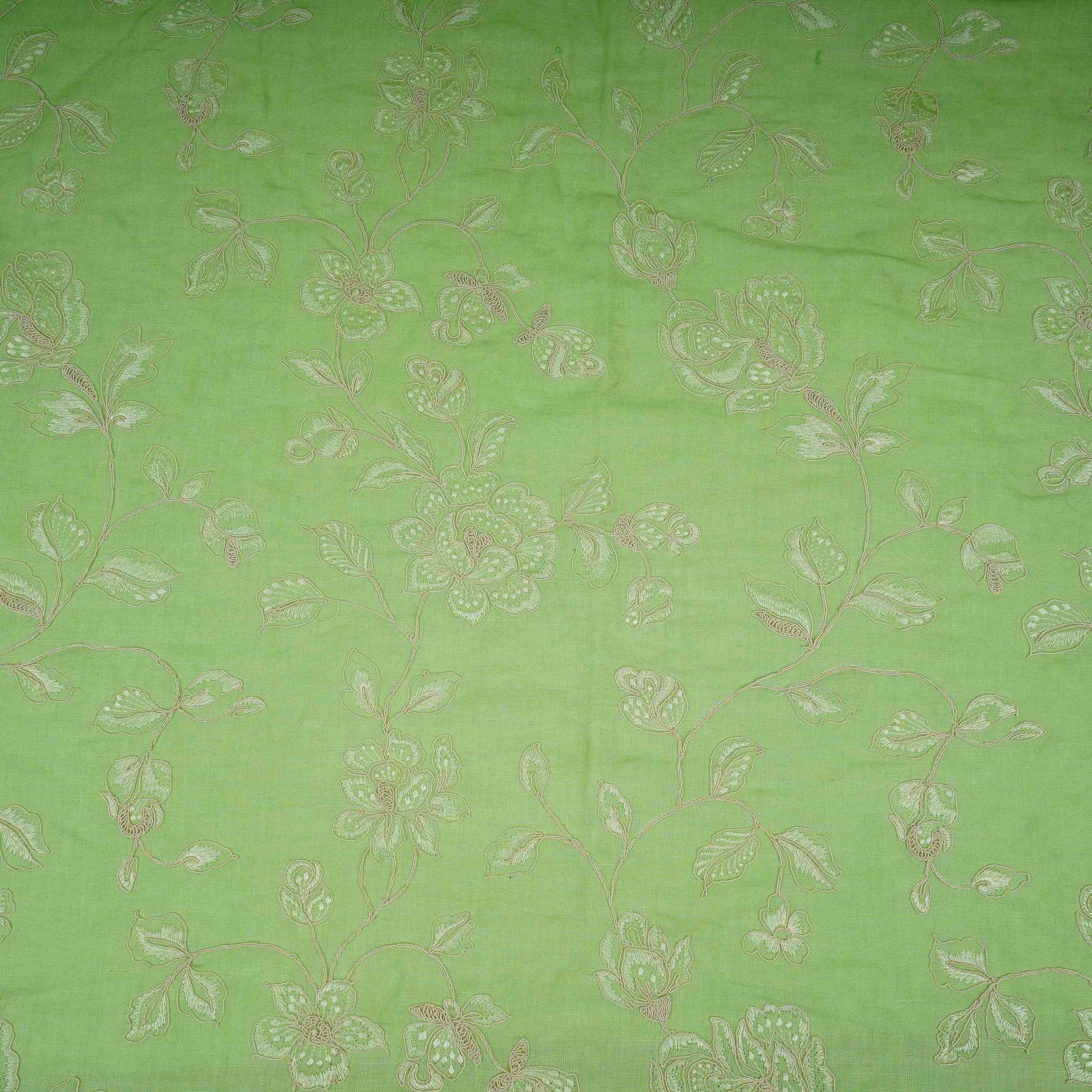 Green floral embroidery Pure Linen Fabric GPF-32067 - TradeUNO