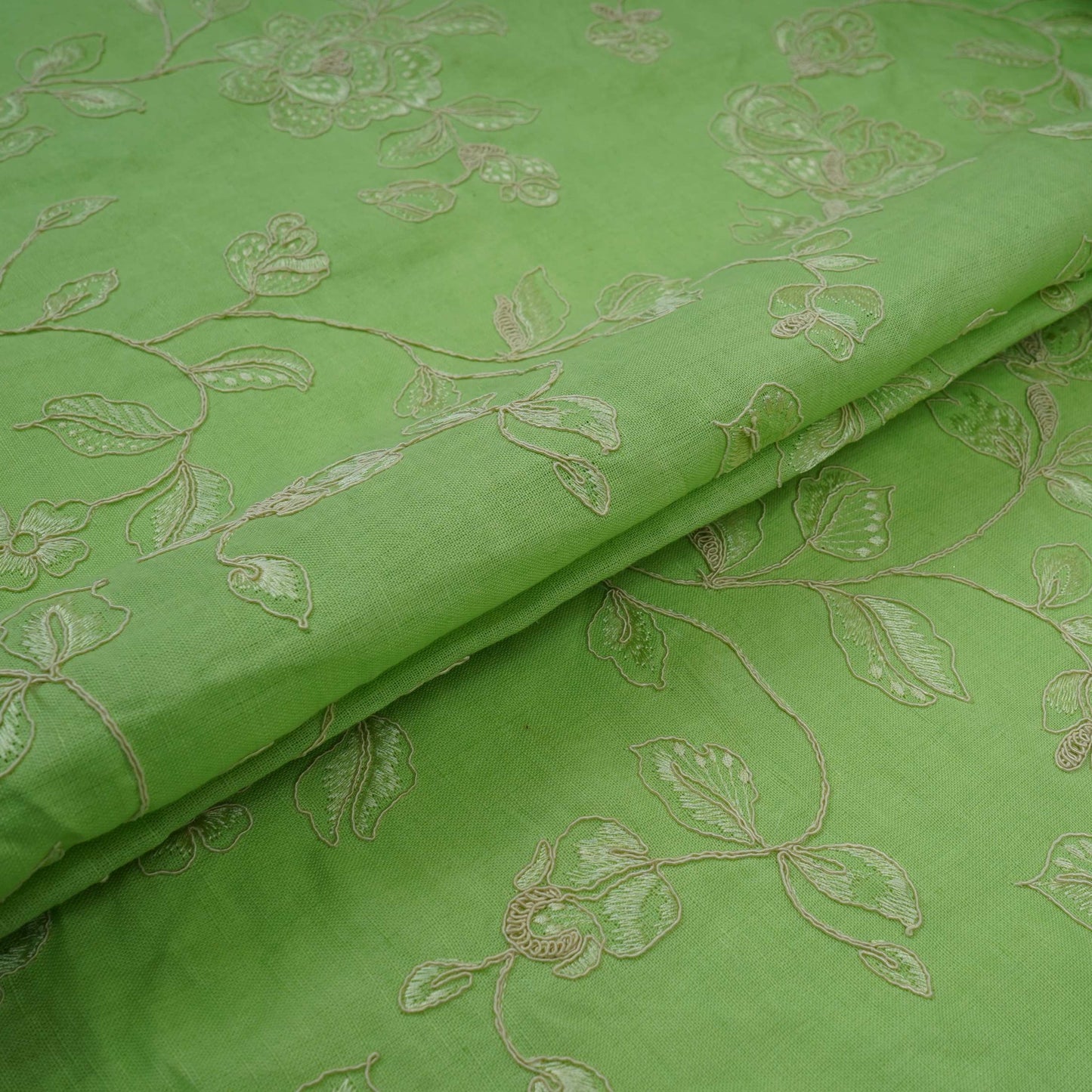Green floral embroidery Pure Linen Fabric GPF-32067