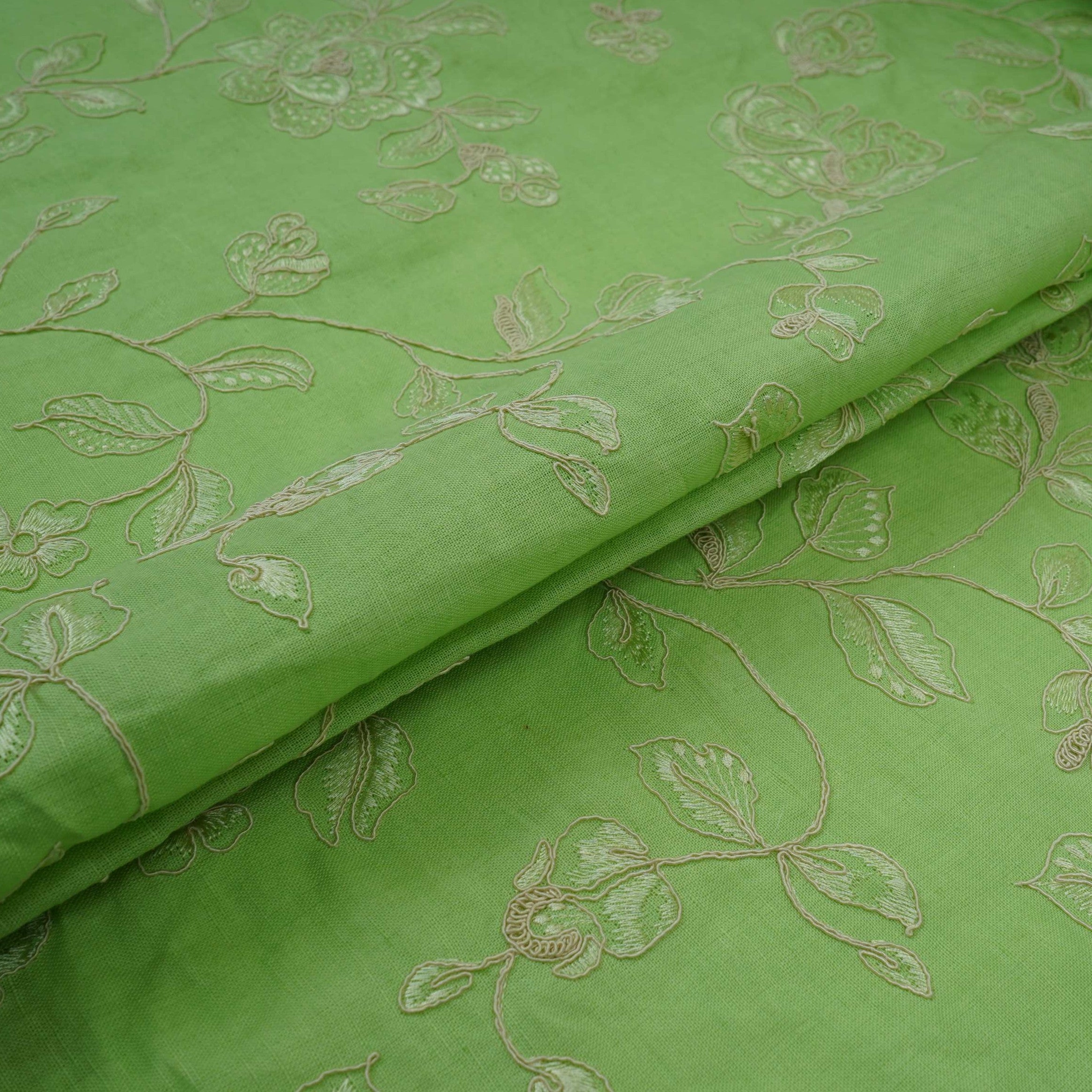 Green floral embroidery Pure Linen Fabric GPF-32067 - TradeUNO