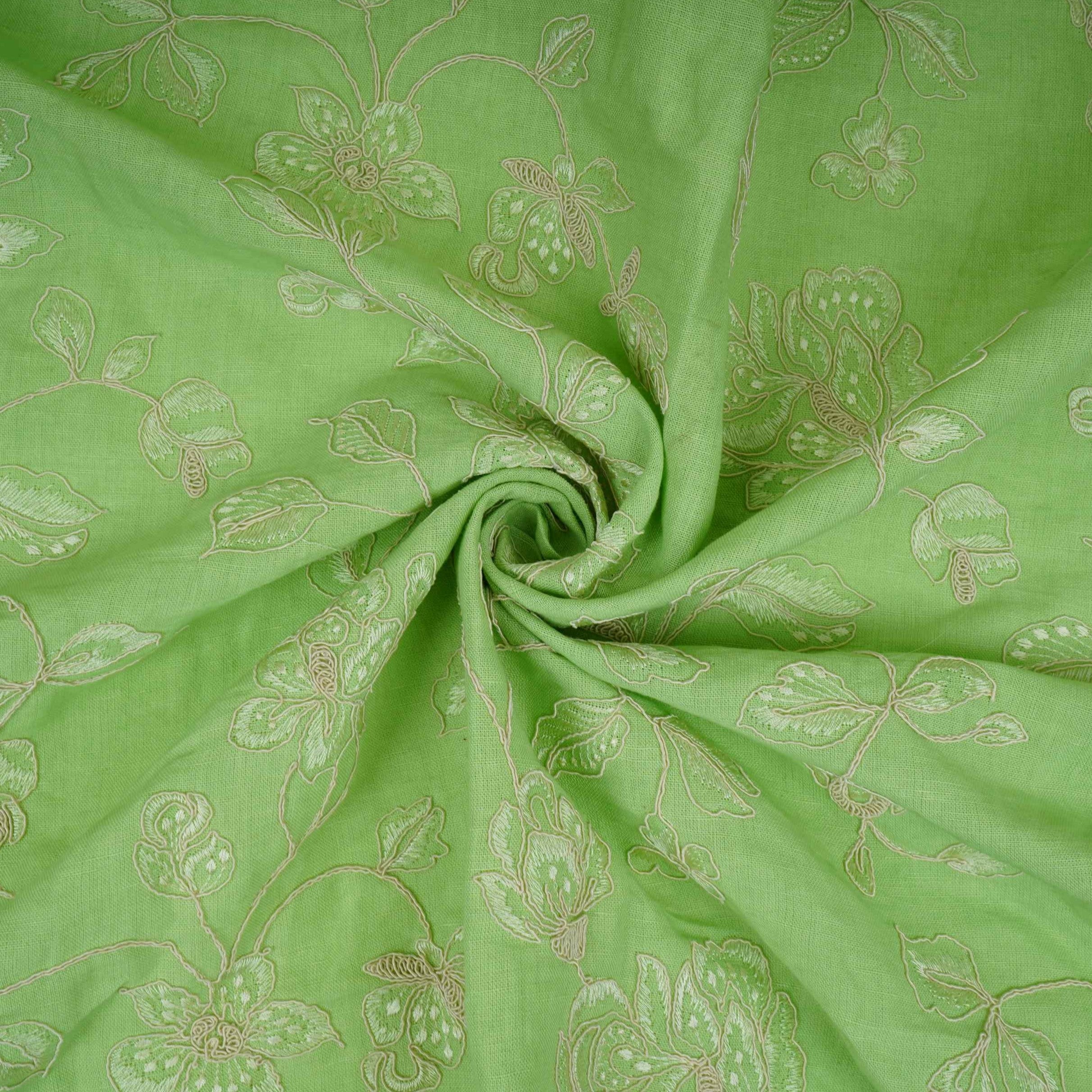 Green floral embroidery Pure Linen Fabric GPF-32067 - TradeUNO