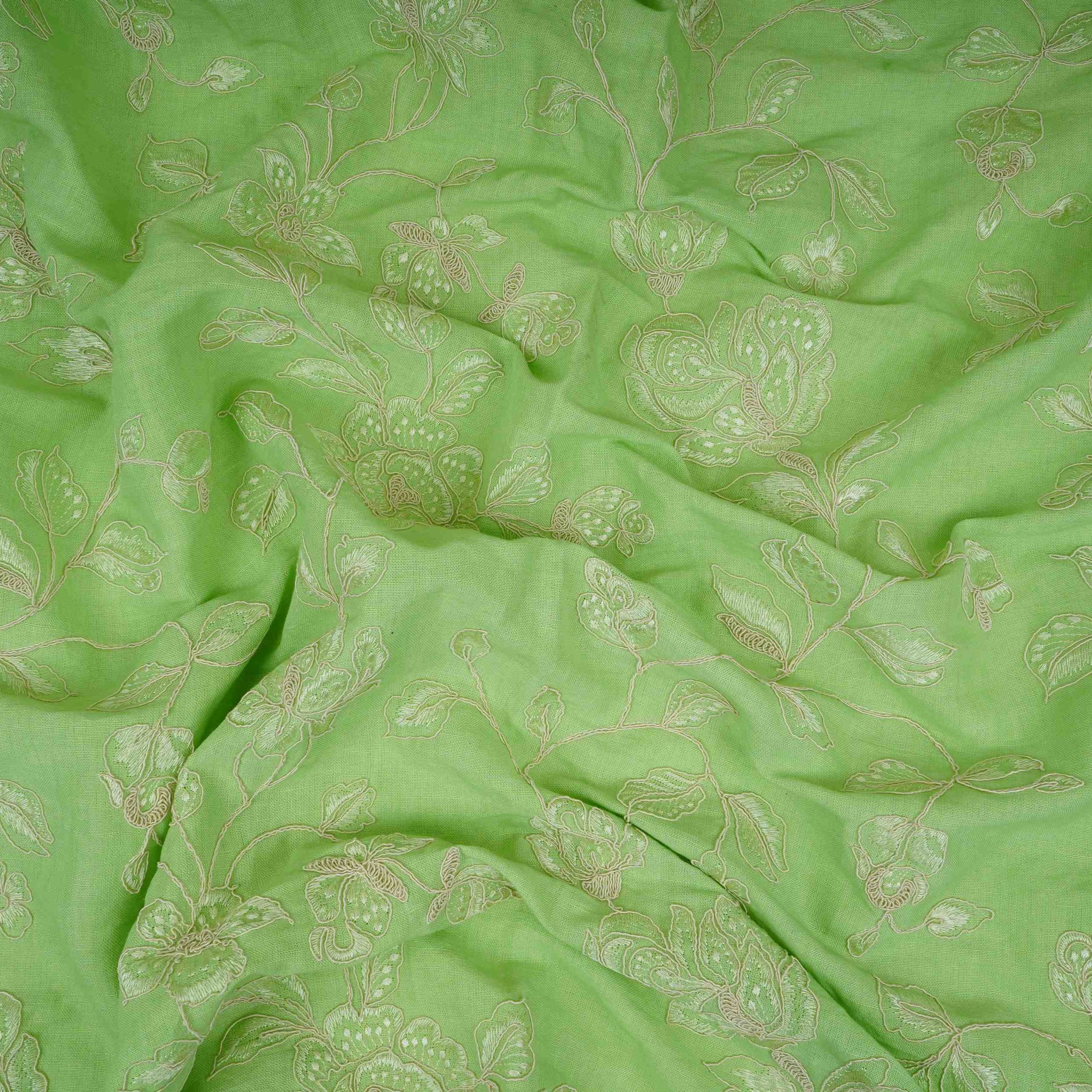 Green floral embroidery Pure Linen Fabric GPF-32067 - TradeUNO