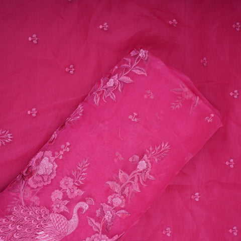 Rani Pink Border floral embroidery Pure 27gm Organza Fabric GPF-32068