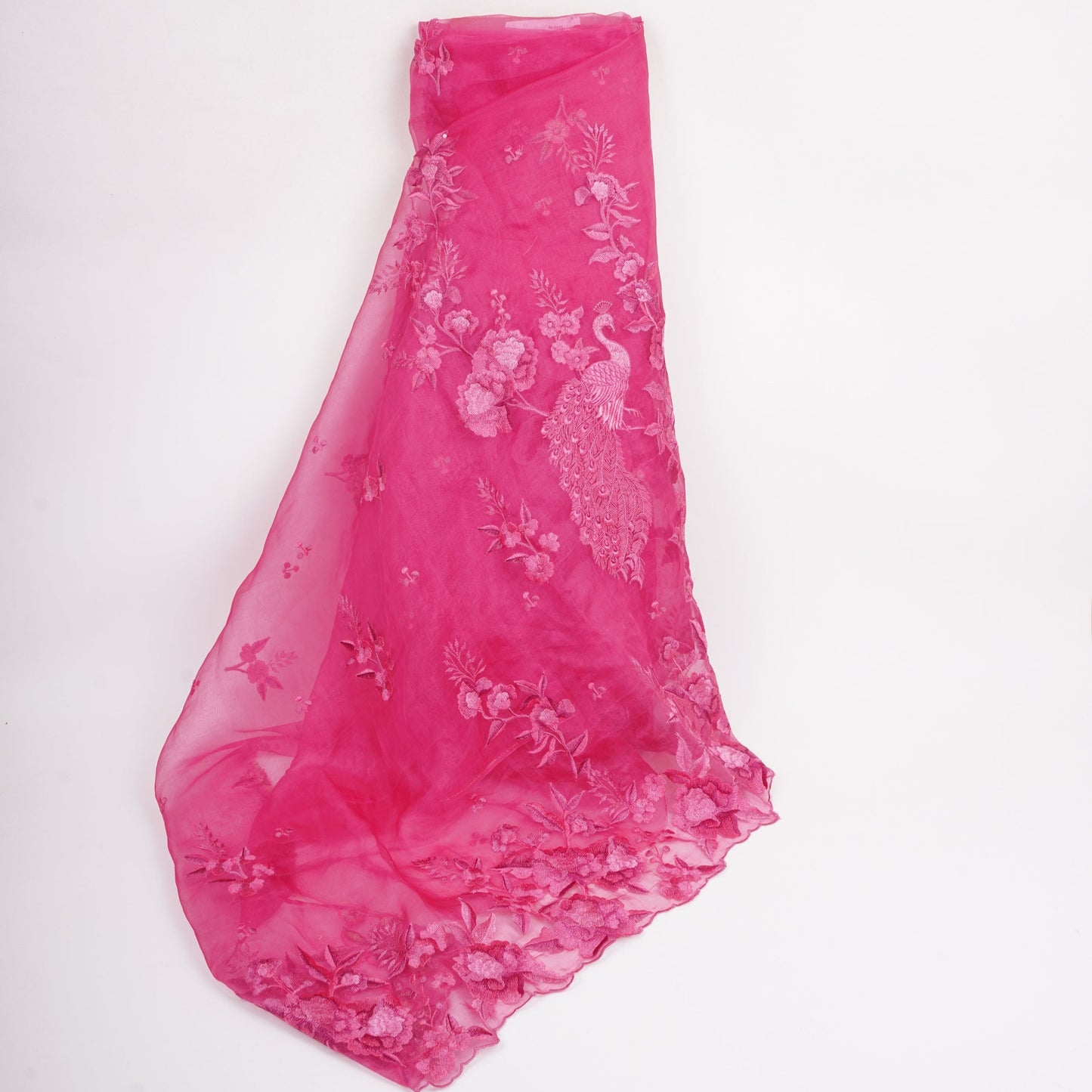 Rani Pink Border floral embroidery Pure 27gm Organza Fabric GPF-32068