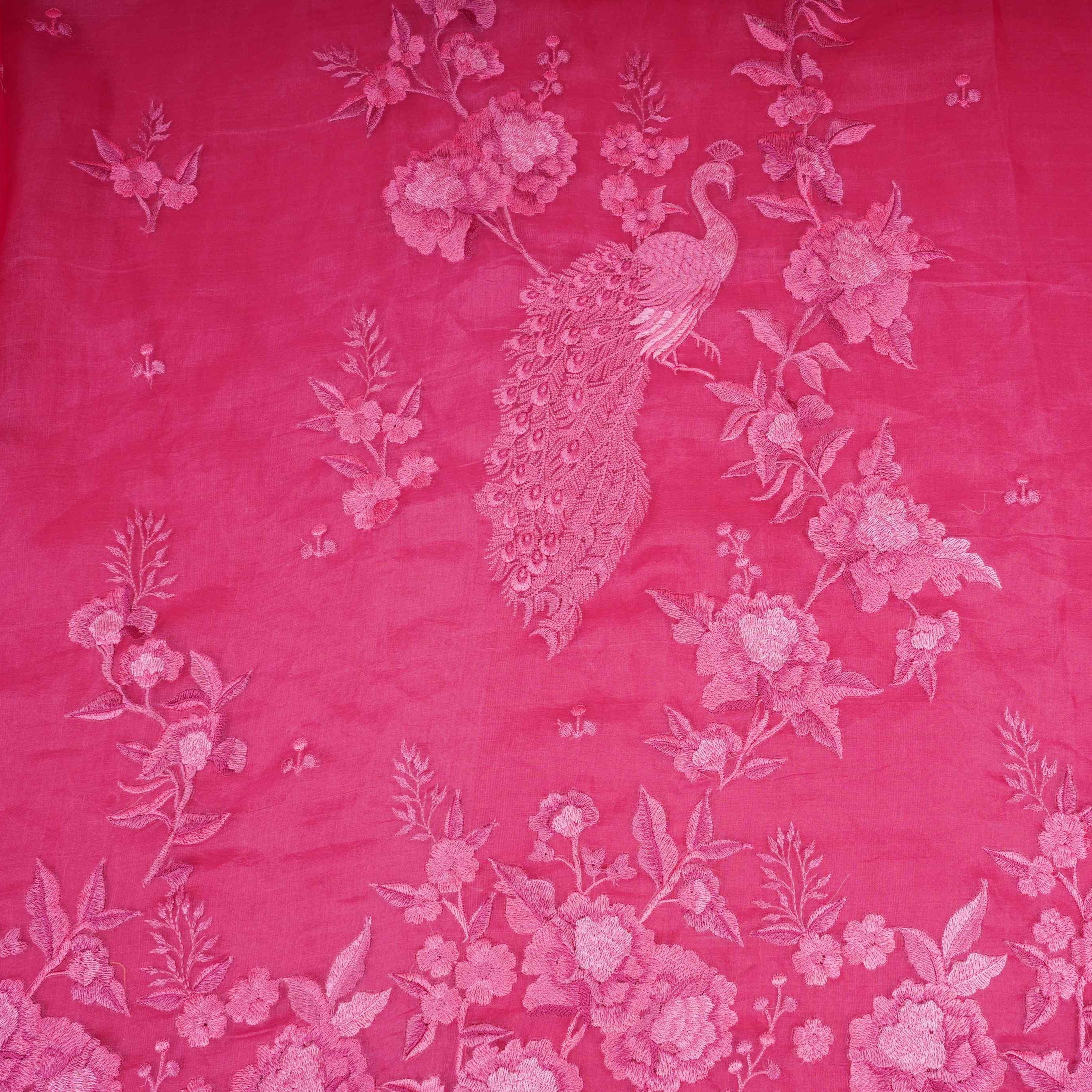 Rani Pink Border floral embroidery Pure 27gm Organza Fabric GPF-32068 - TradeUNO