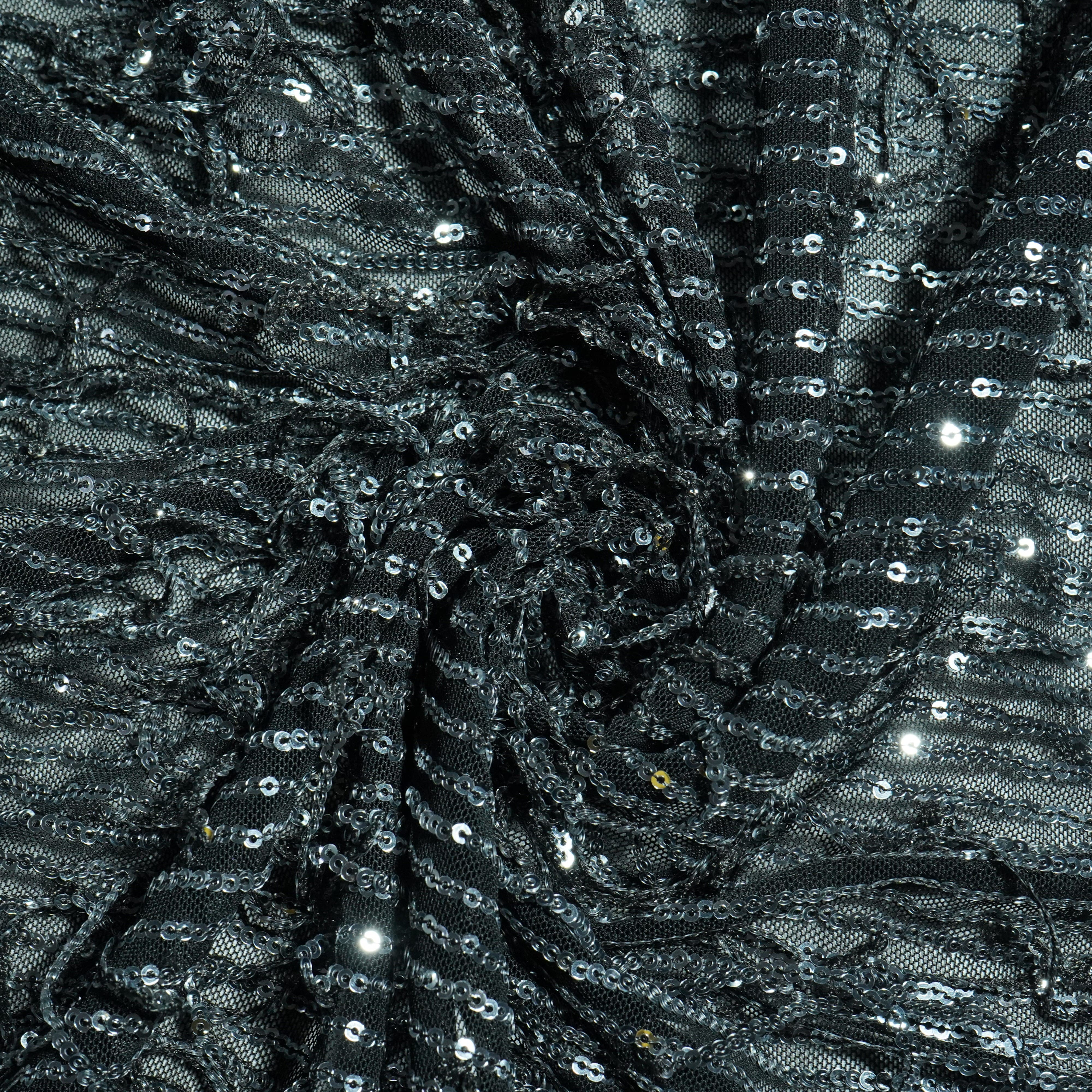 black with silver sequence embroidery net lycra fabric Net Fabric