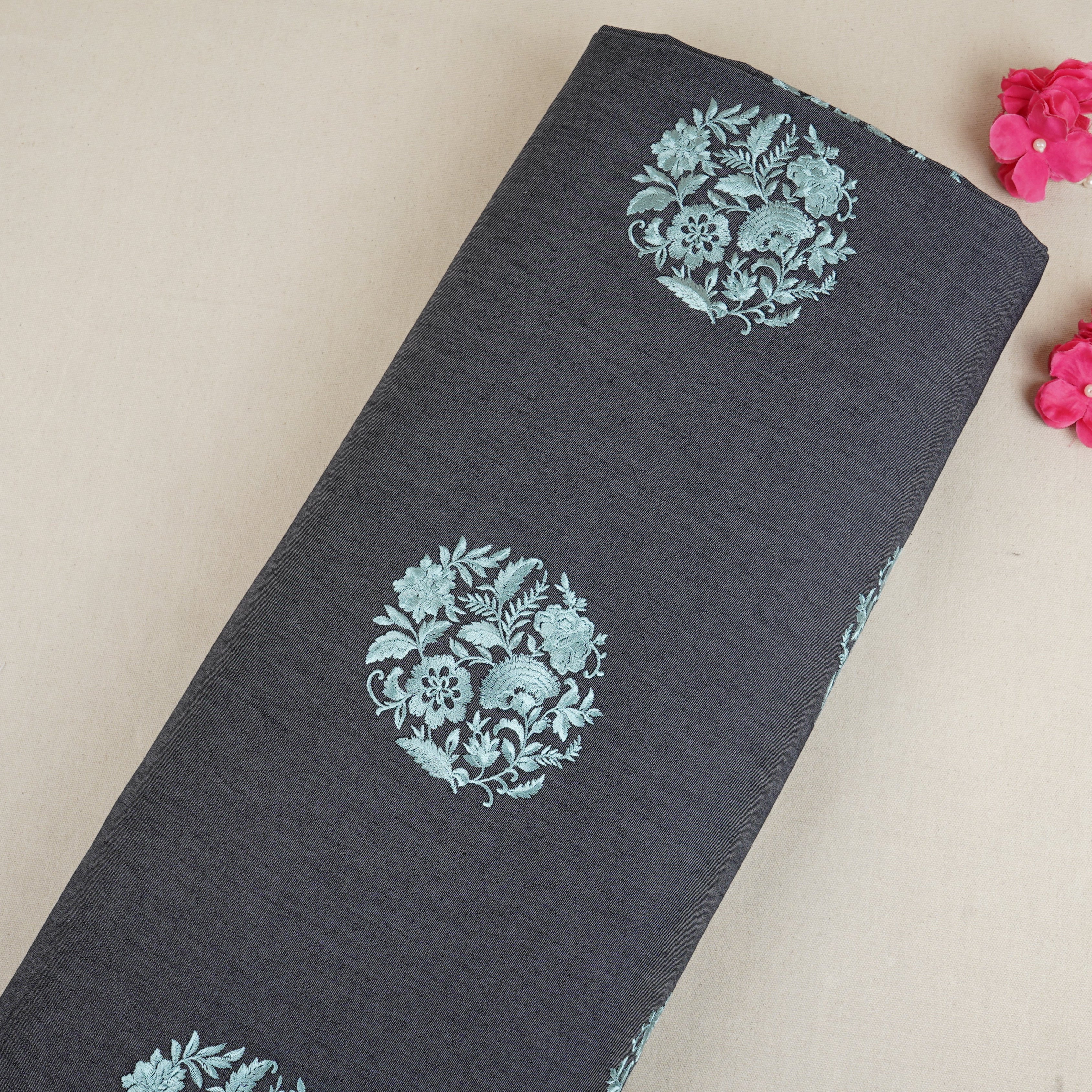 Dark Grey Persian embroidery Denim Fabric AF-30051 - TradeUNO