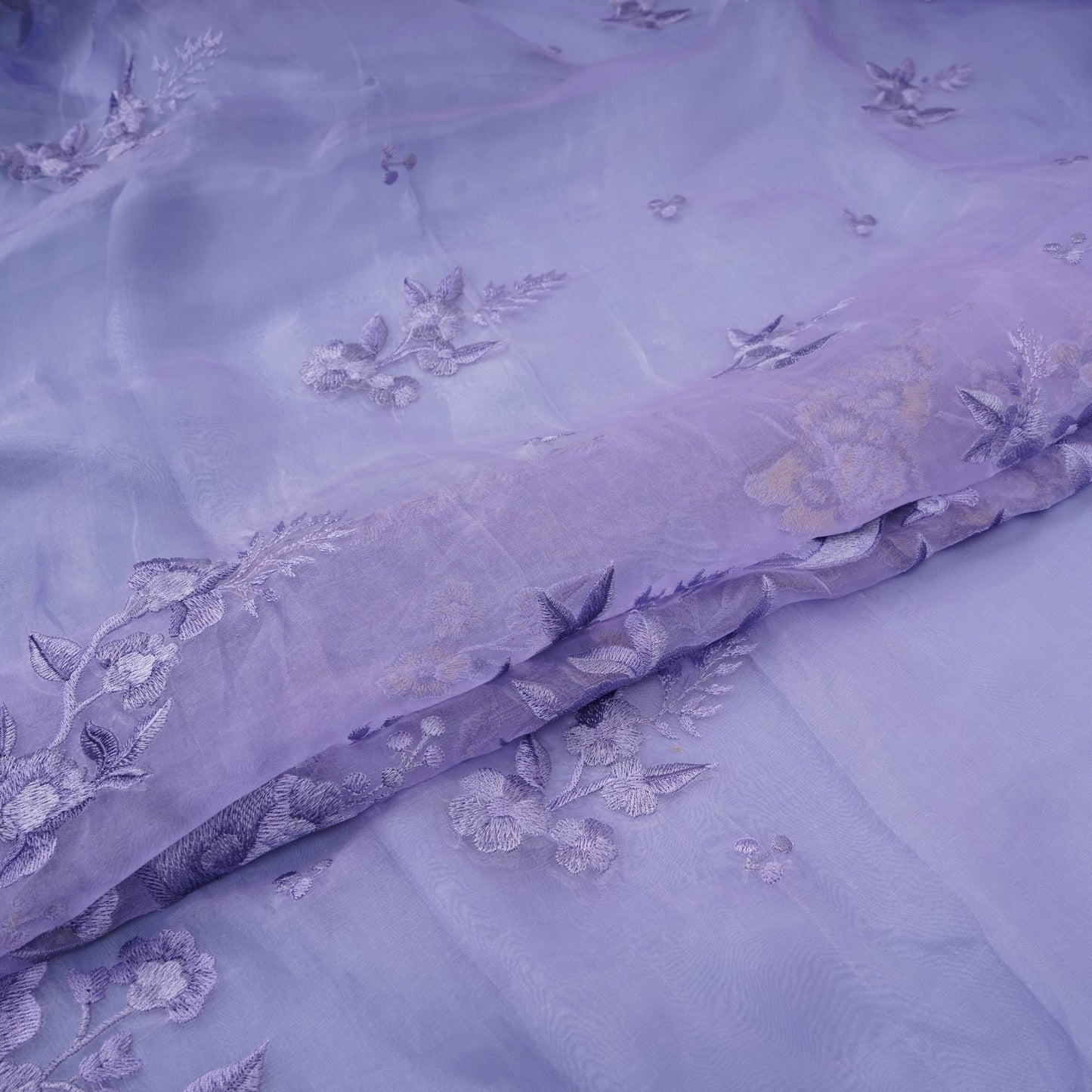 Lavender Border floral embroidery Pure 27gm Organza Fabric GPF-32070
