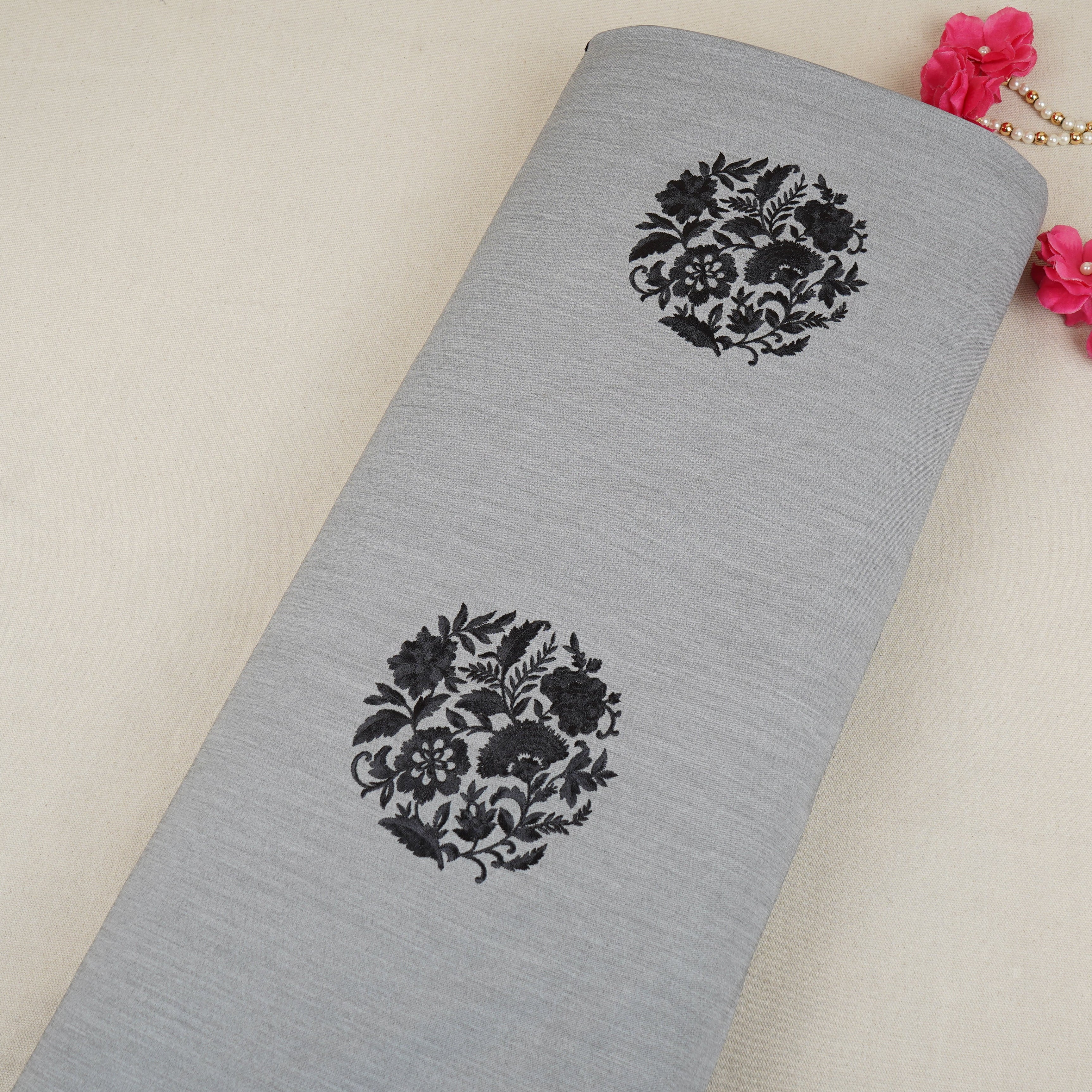 Light Grey Persian embroidery Denim Fabric AF-30053 - TradeUNO