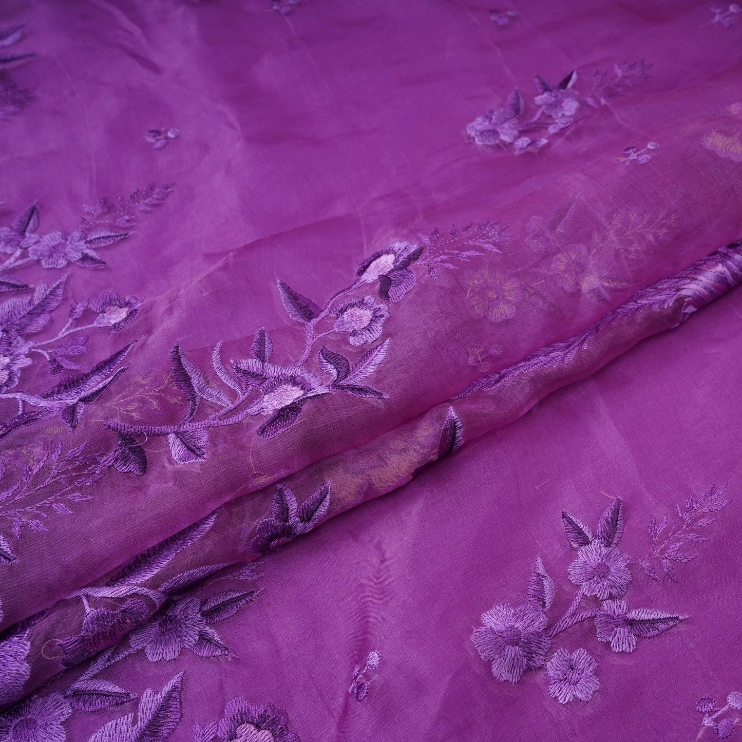Purple Border floral embroidery Pure 27gm Organza Fabric GPF-32069
