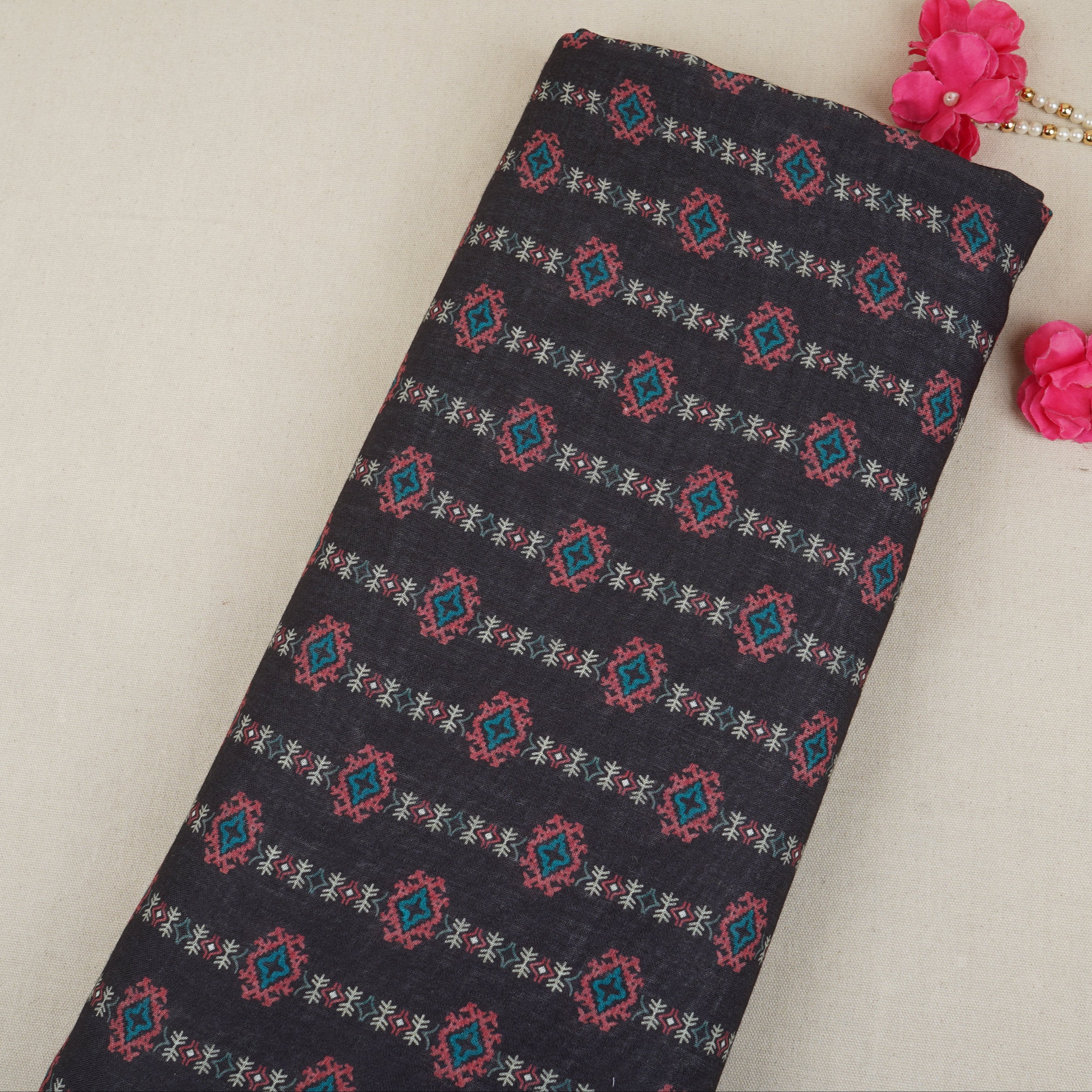 Black Abstract Print Cotton Linen Fabric GTS-30281 - TradeUNO