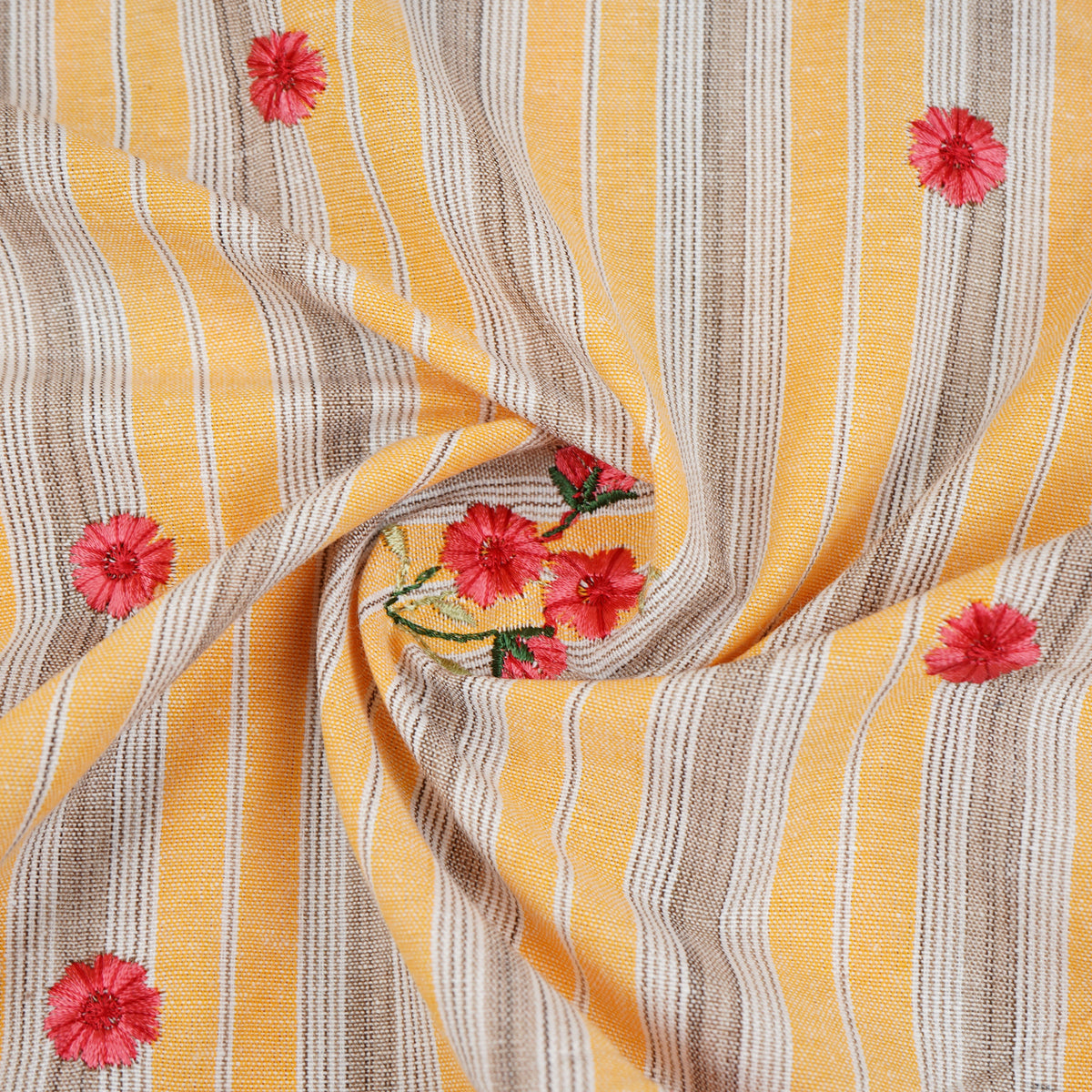 Yellow & White Stripes Floral Embroidery South Cotton Fabric GTS-30263 - TradeUNO