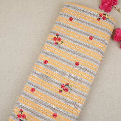 Yellow & White Stripes Floral Embroidery South Cotton Fabric GTS-30263