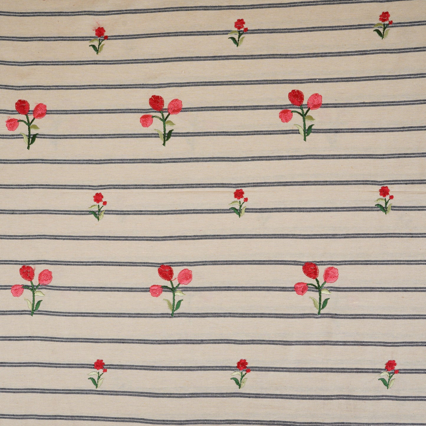 Blue & Cream Stripes Floral Embroidery South Cotton Fabric GTS-30267
