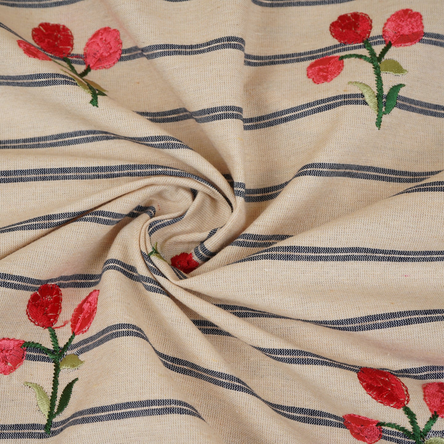 Blue & Cream Stripes Floral Embroidery South Cotton Fabric GTS-30267
