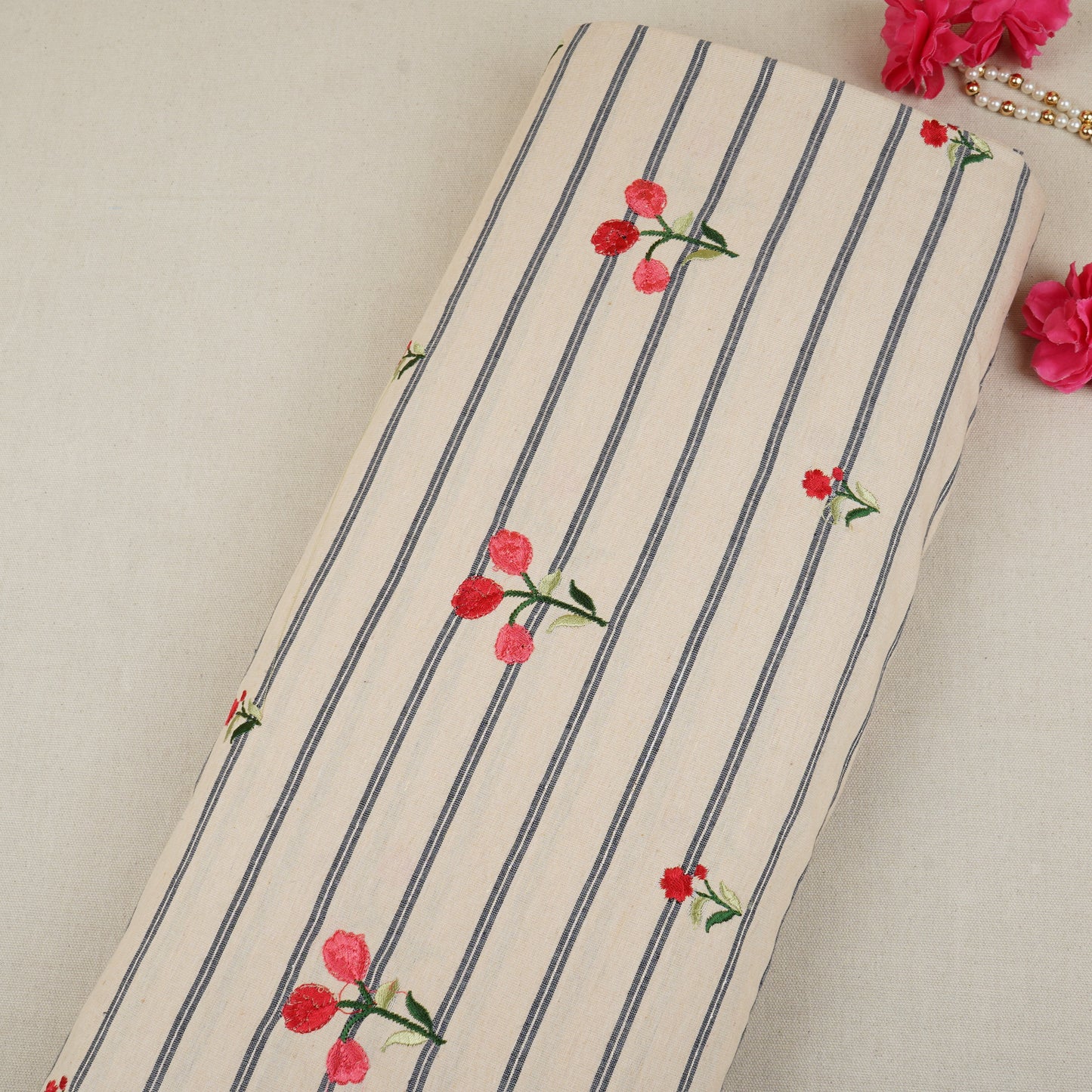 Blue & Cream Stripes Floral Embroidery South Cotton Fabric GTS-30267