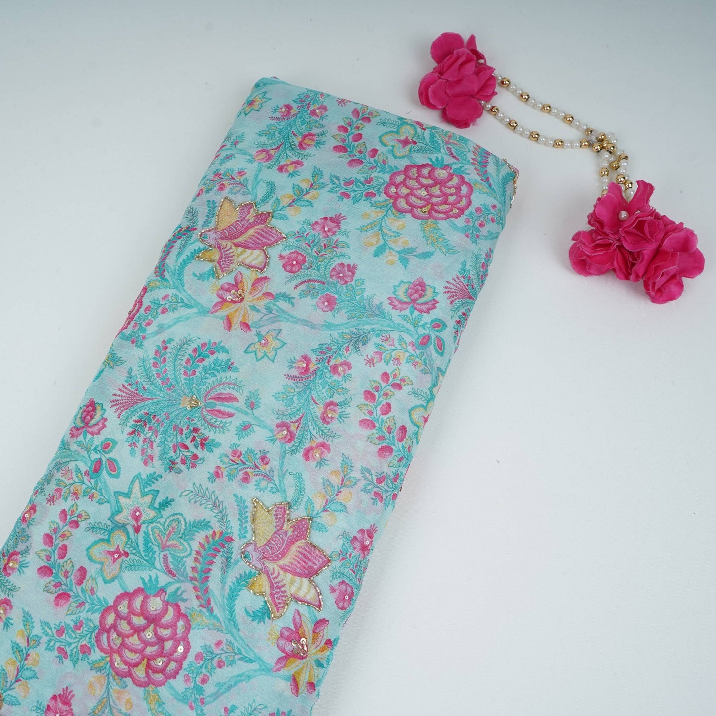 Light Blue Floral Cutdana Chinnon Fabric VF-30637