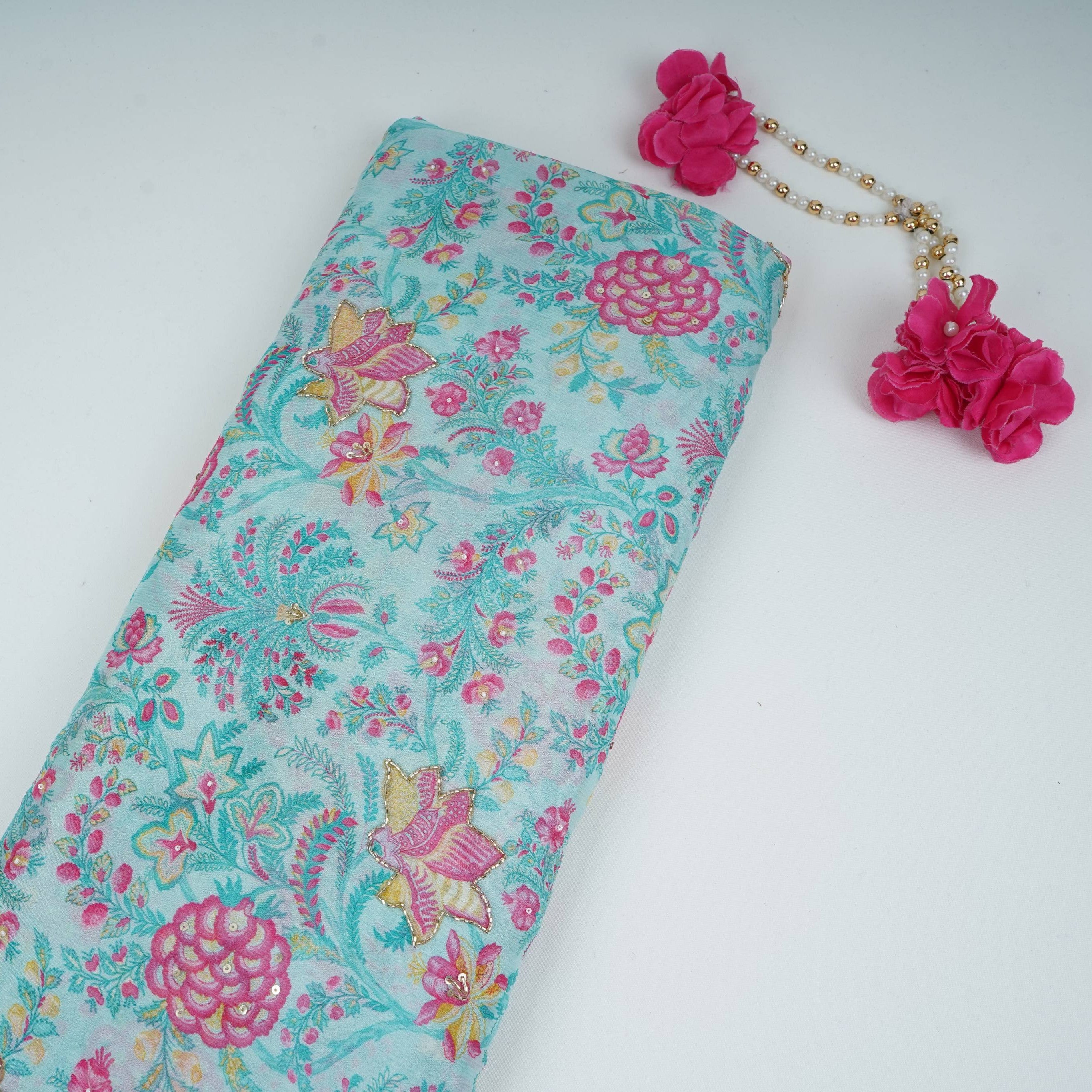 Light Blue Floral Cutdana Chinnon Fabric VF-30637 - TradeUNO