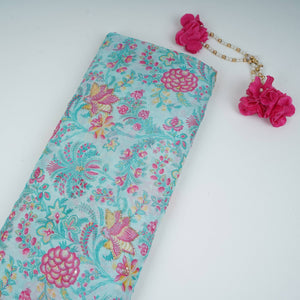 Light Blue Floral Cutdana Chinnon Fabric VF-30637 - TradeUNO