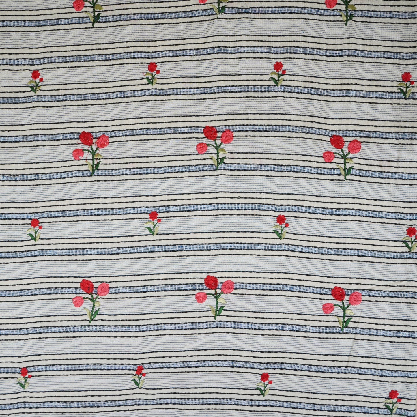 Off White & Blue Stripes Floral Embroidery South Cotton Fabric GTS-30265