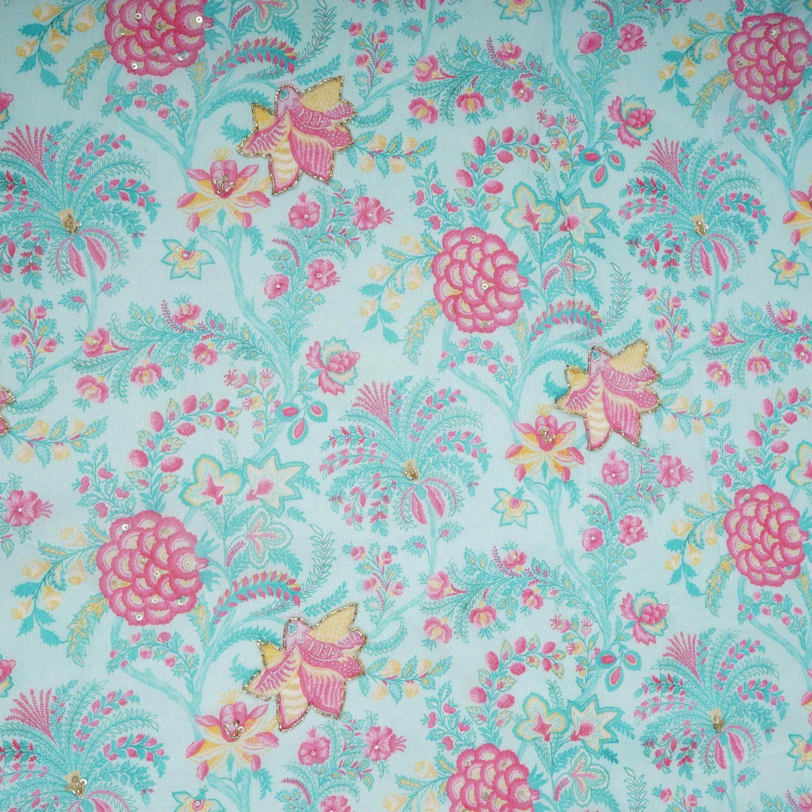 Light Blue Floral Cutdana Chinnon Fabric VF-30637 - TradeUNO