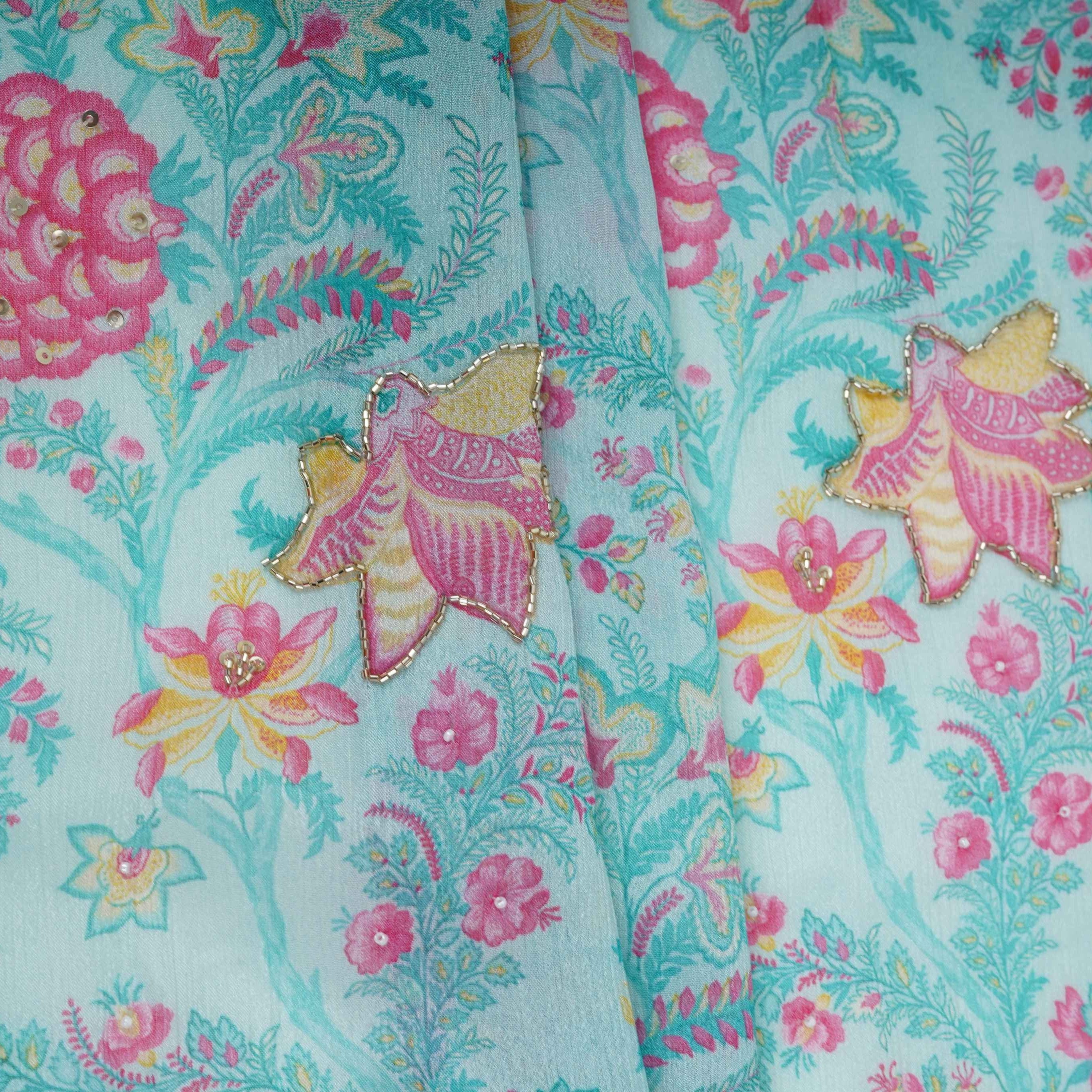 Light Blue Floral Cutdana Chinnon Fabric VF-30637 - TradeUNO