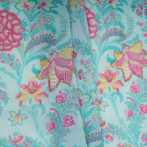 Light Blue Floral Cutdana Chinnon Fabric VF-30637 - TradeUNO
