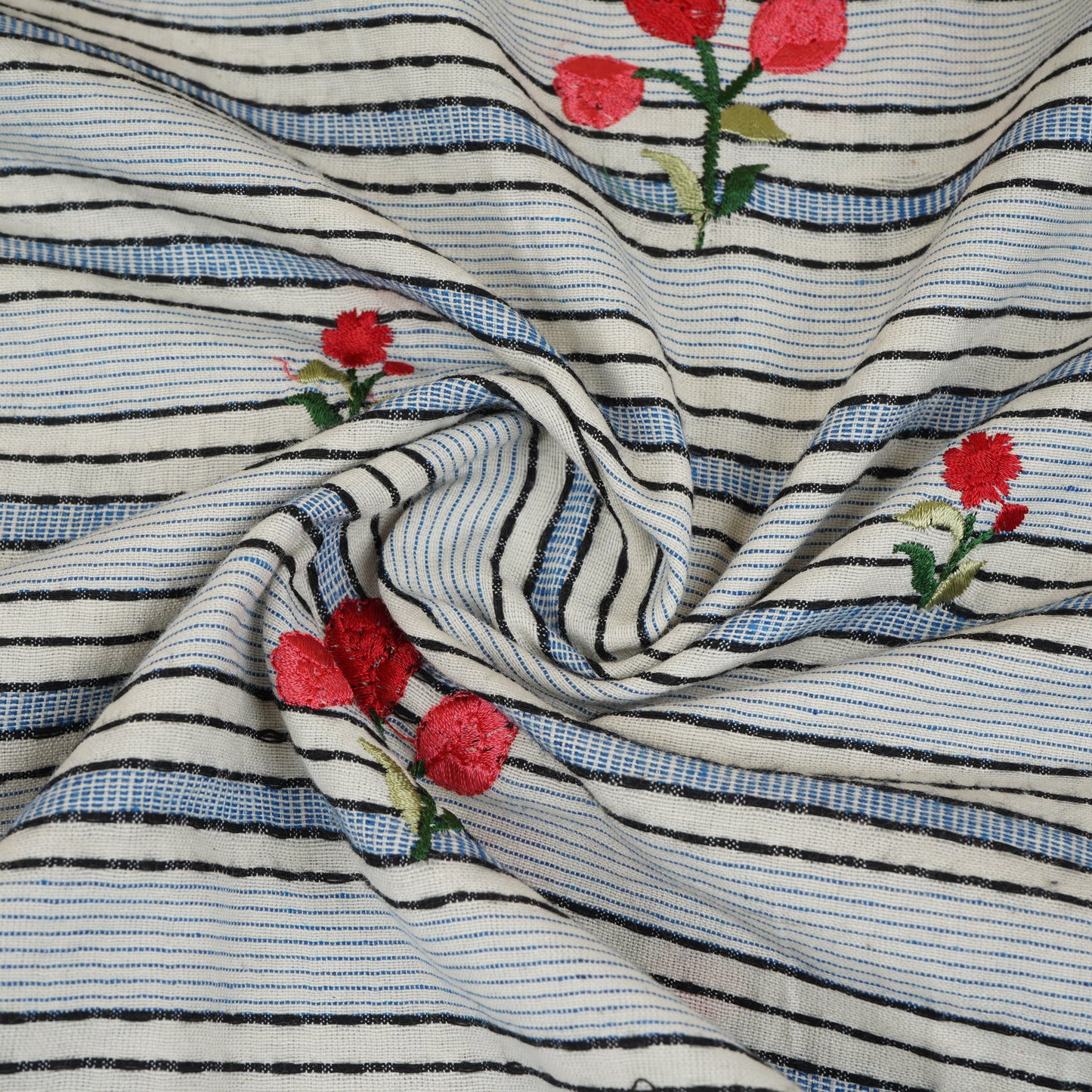 Off White & Blue Stripes Floral Embroidery South Cotton Fabric GTS-30265