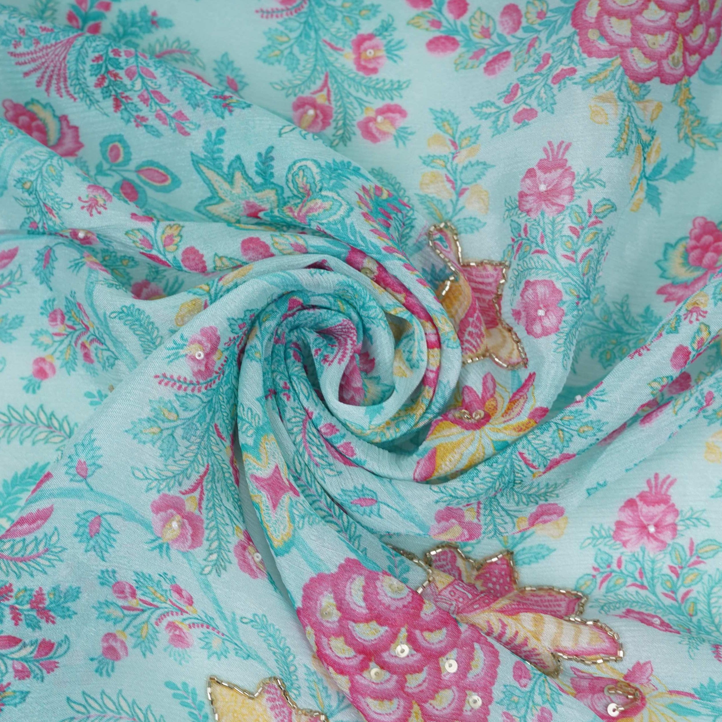 Light Blue Floral Cutdana Chinnon Fabric VF-30637 - TradeUNO