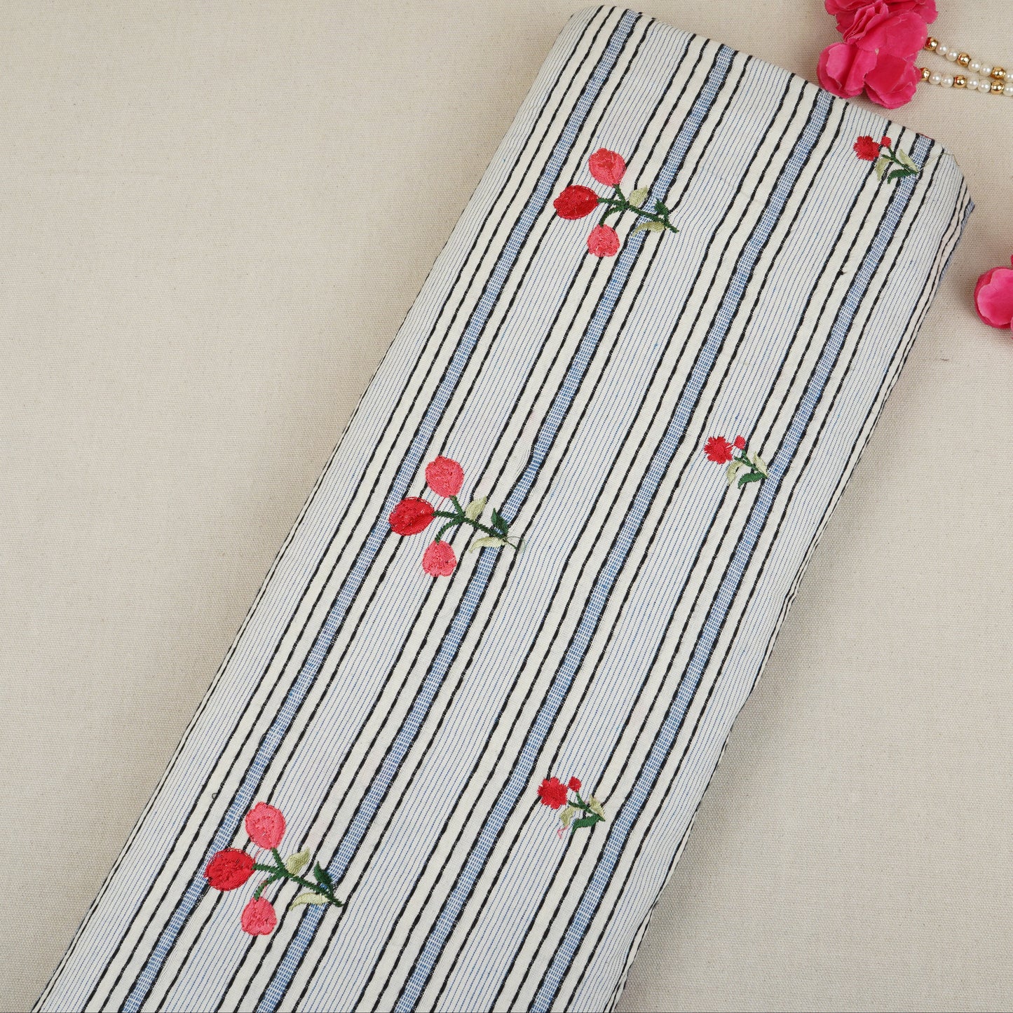Off White & Blue Stripes Floral Embroidery South Cotton Fabric GTS-30265