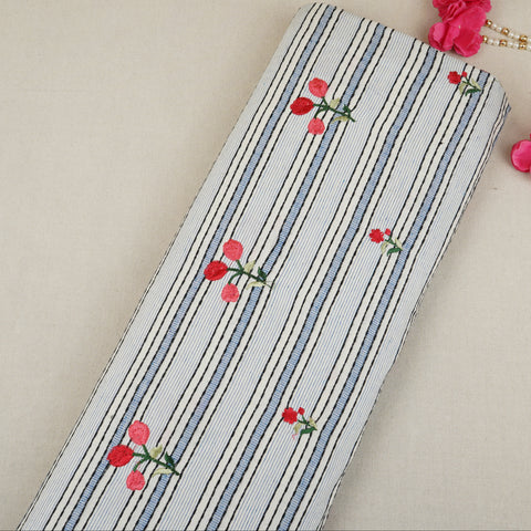 Off White & Blue Stripes Floral Embroidery South Cotton Fabric GTS-30265