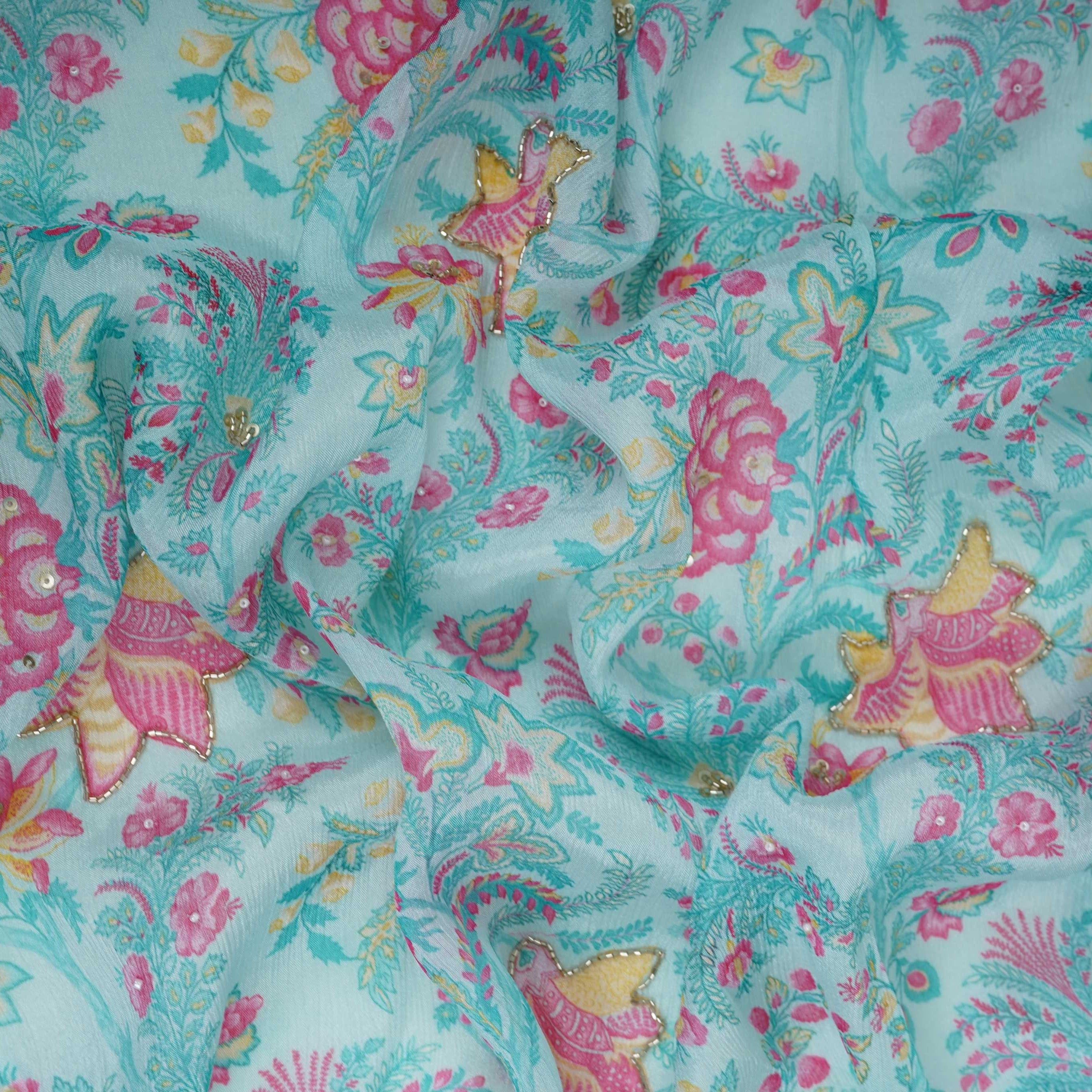 Light Blue Floral Cutdana Chinnon Fabric VF-30637 - TradeUNO