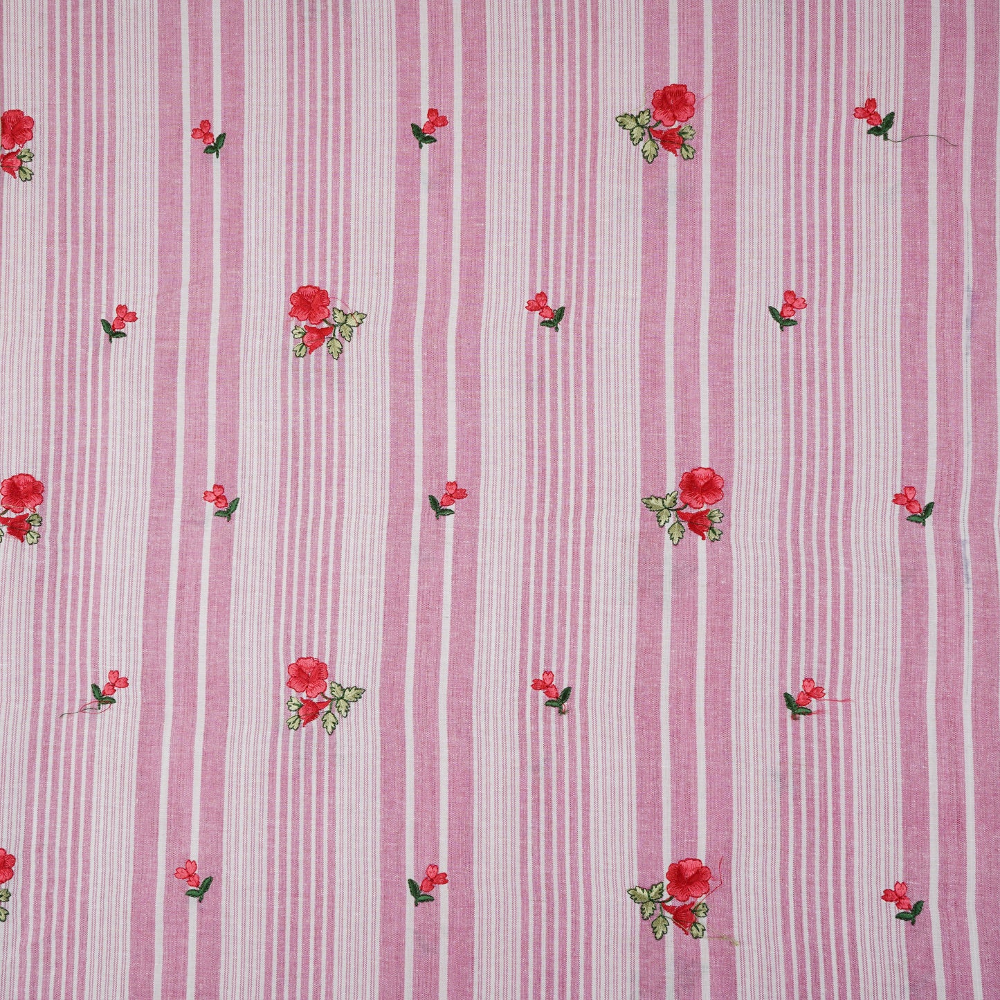 Pink & White Stripes Floral Embroidery South Cotton Fabric GTS-30261